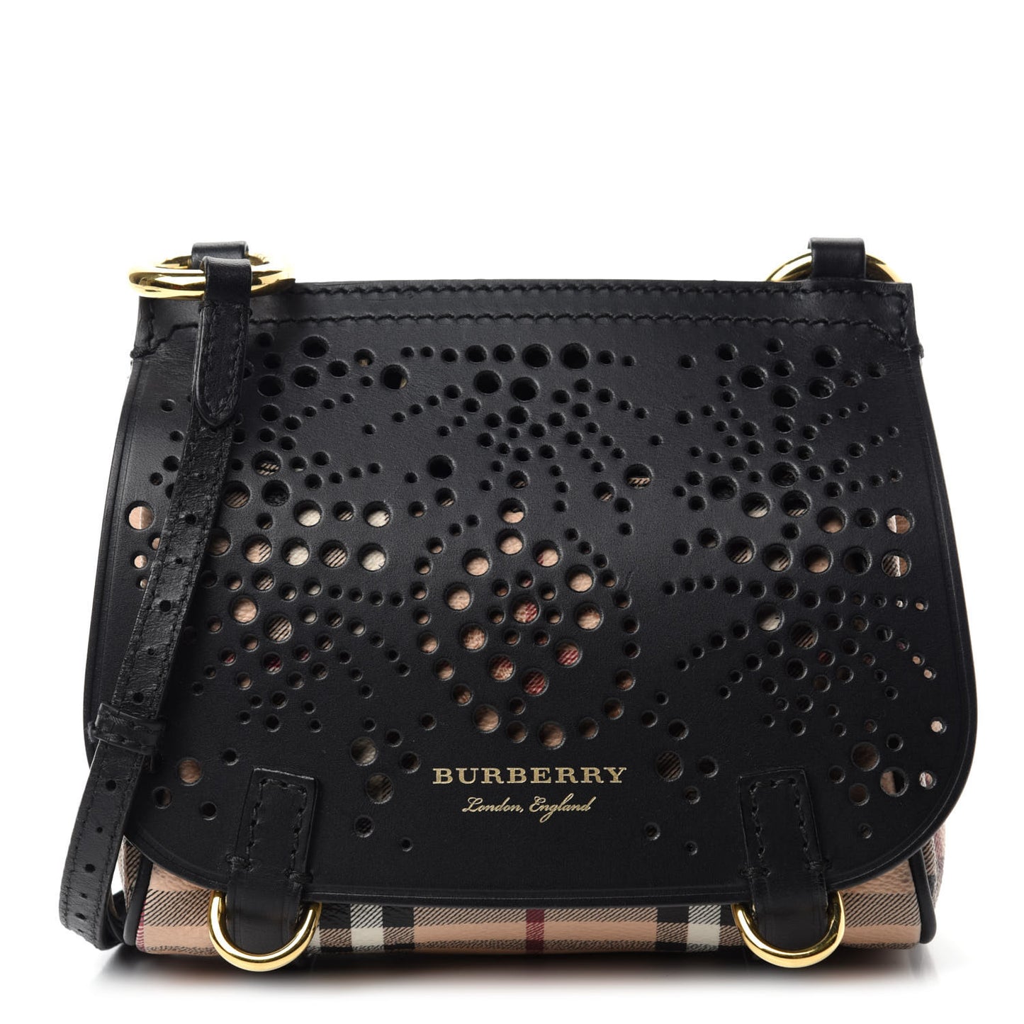 Perforated Calfskin Haymarket Check Baby Bridle Crossbody Black