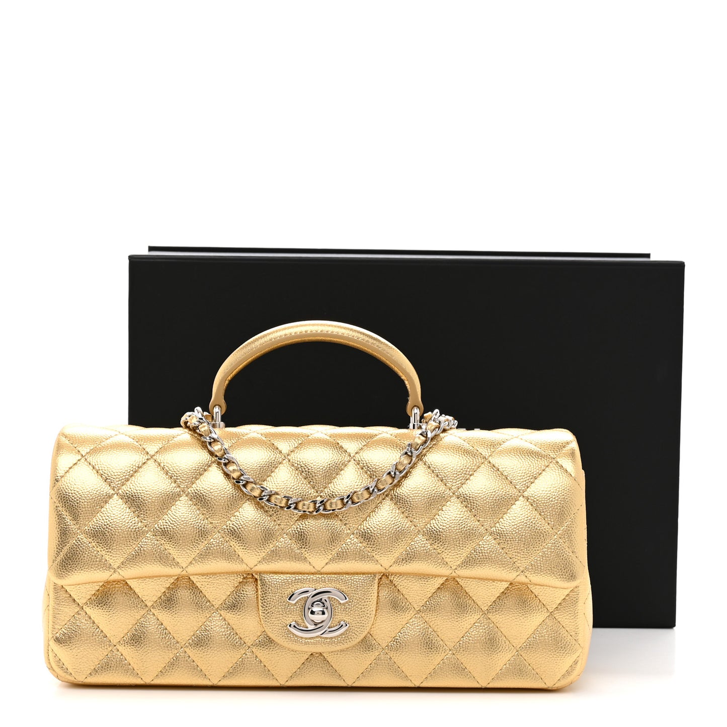 Metallic Caviar Quilted Top Handle East West Flap Gold