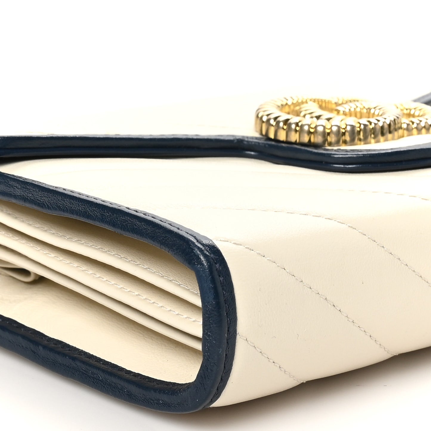 Vintage Effect Calfskin Matelasse Diagonal Torchon GG Marmont Chain Wallet Mystic White Blue Agata
