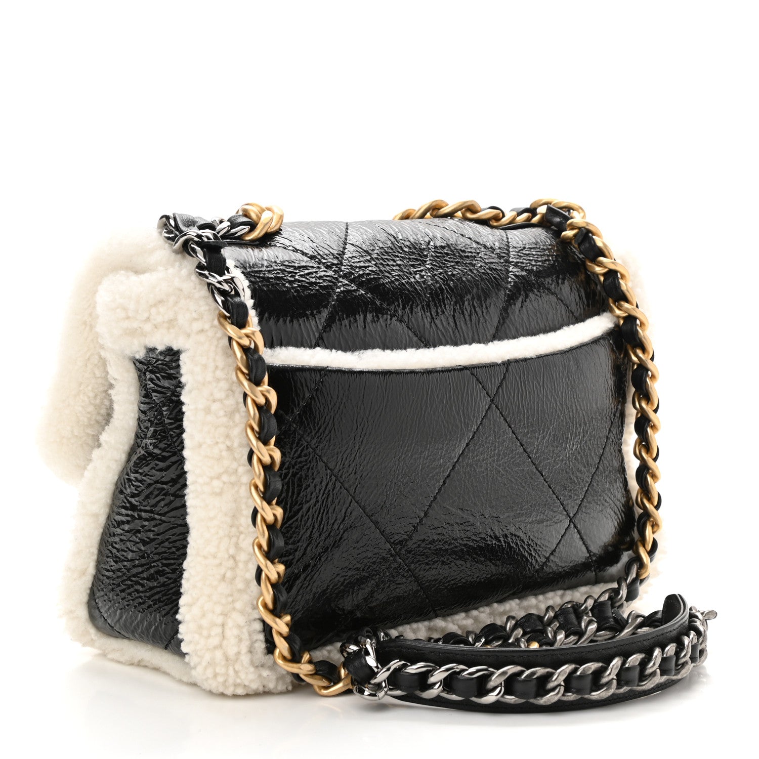 Chanel Crumpled Calfskin Shearling Sheepskin Quilted Medium Chanel 19 Flap Black 4 of 11