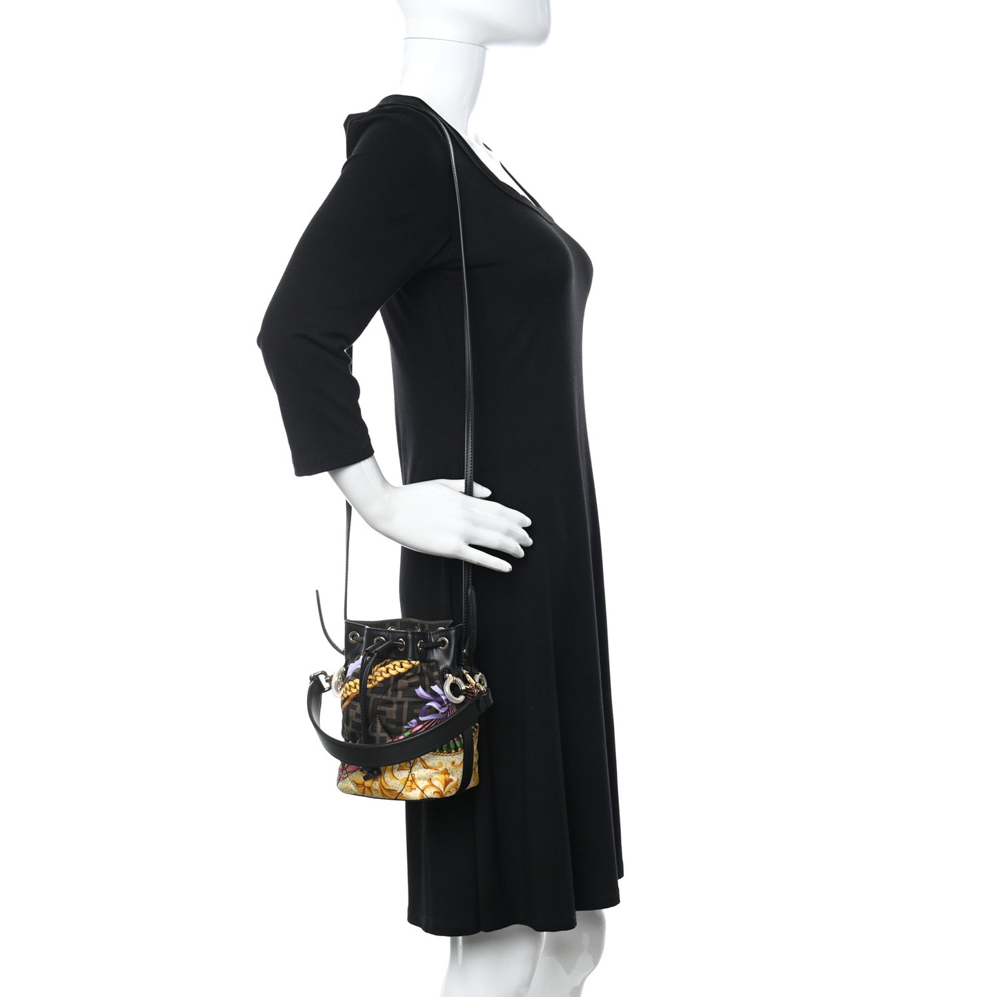 X VERSACE Silk Vitello Fendace FF Baroque Quilted Mini Mon Tresor Bucket Bag Gold Multicolor