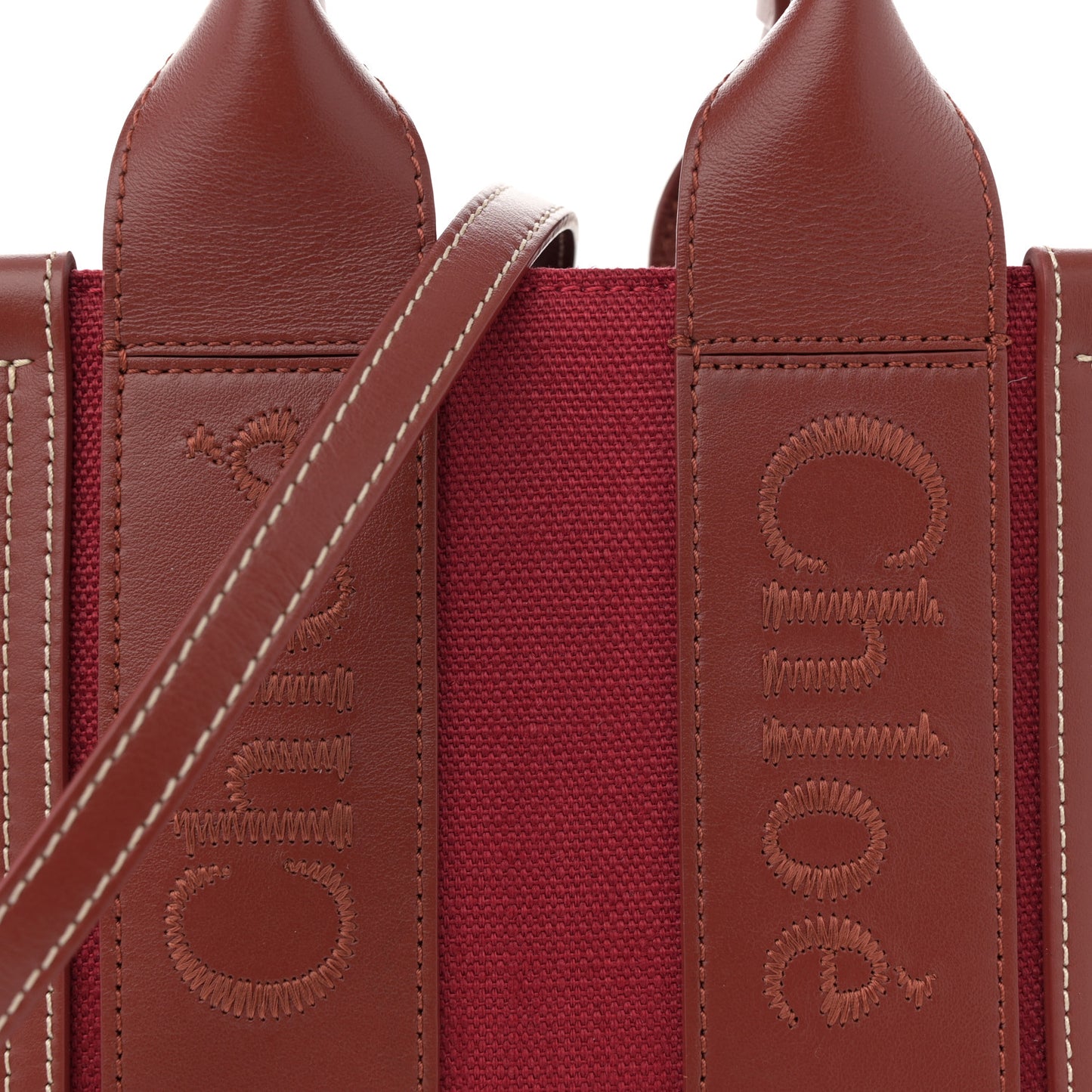 Cotton Calfskin Small Woody Ribbon Tote With Strap Dark Red