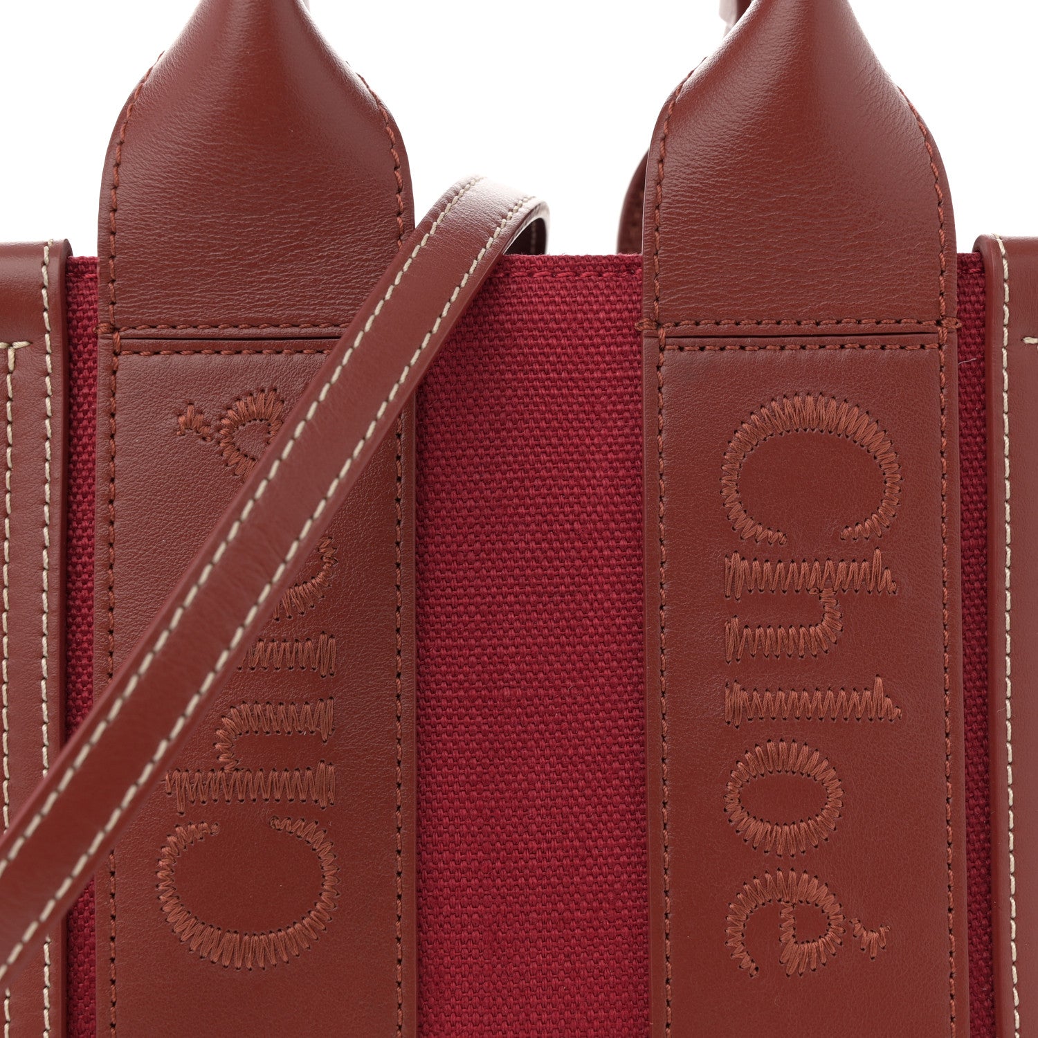 Chloe Cotton Calfskin Small Woody Ribbon Tote With Strap Dark Red 8 of 11