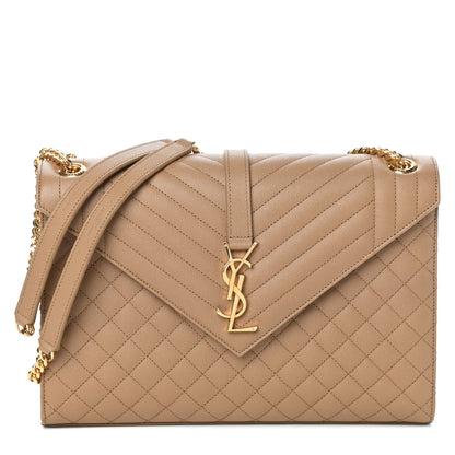 Saint Laurent Grain De Poudre Textured Mixed Matelasse Triquilt Large Monogram Satchel Natural Tan 1 of 9