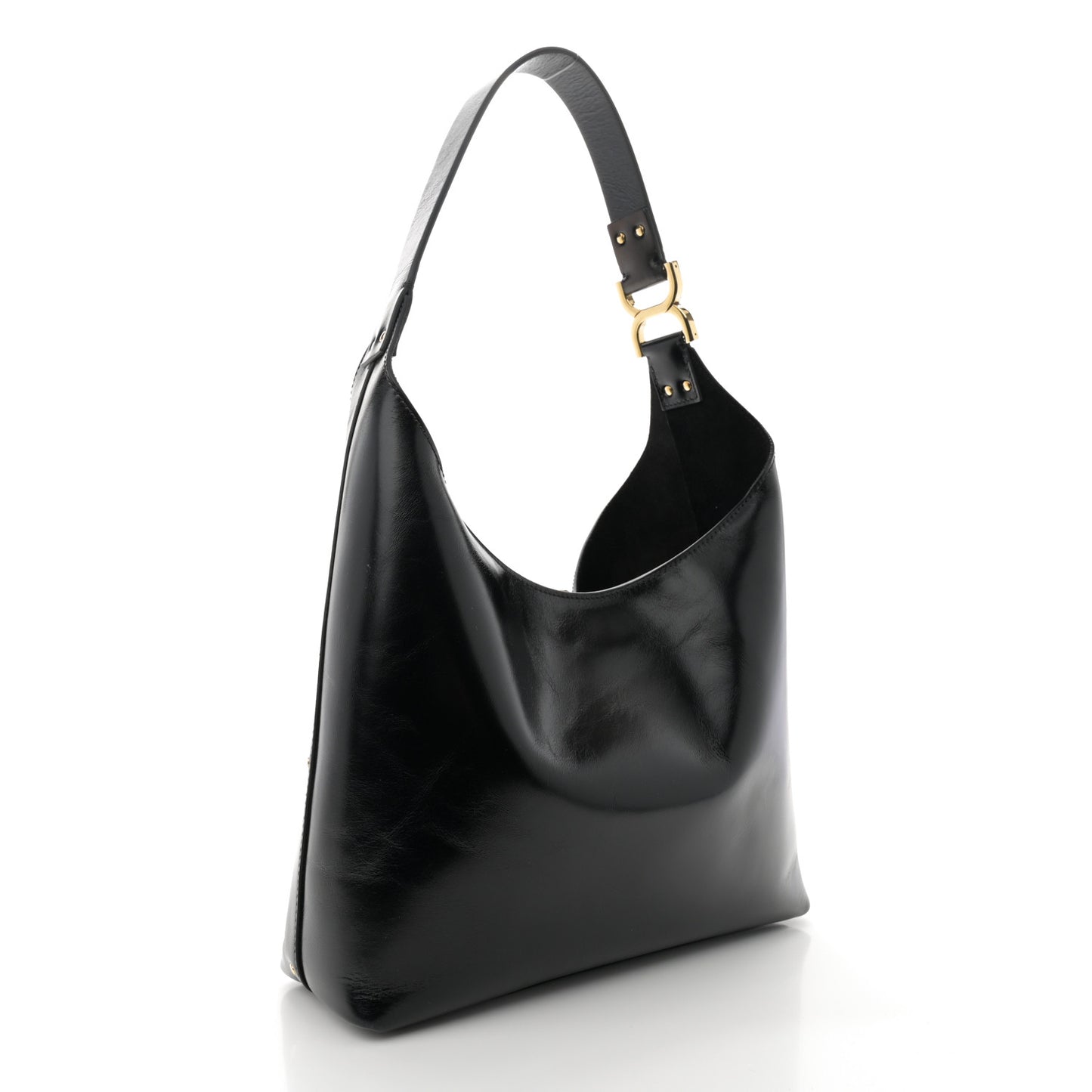 Shiny Calfskin Small Marcie Hobo Bag Black