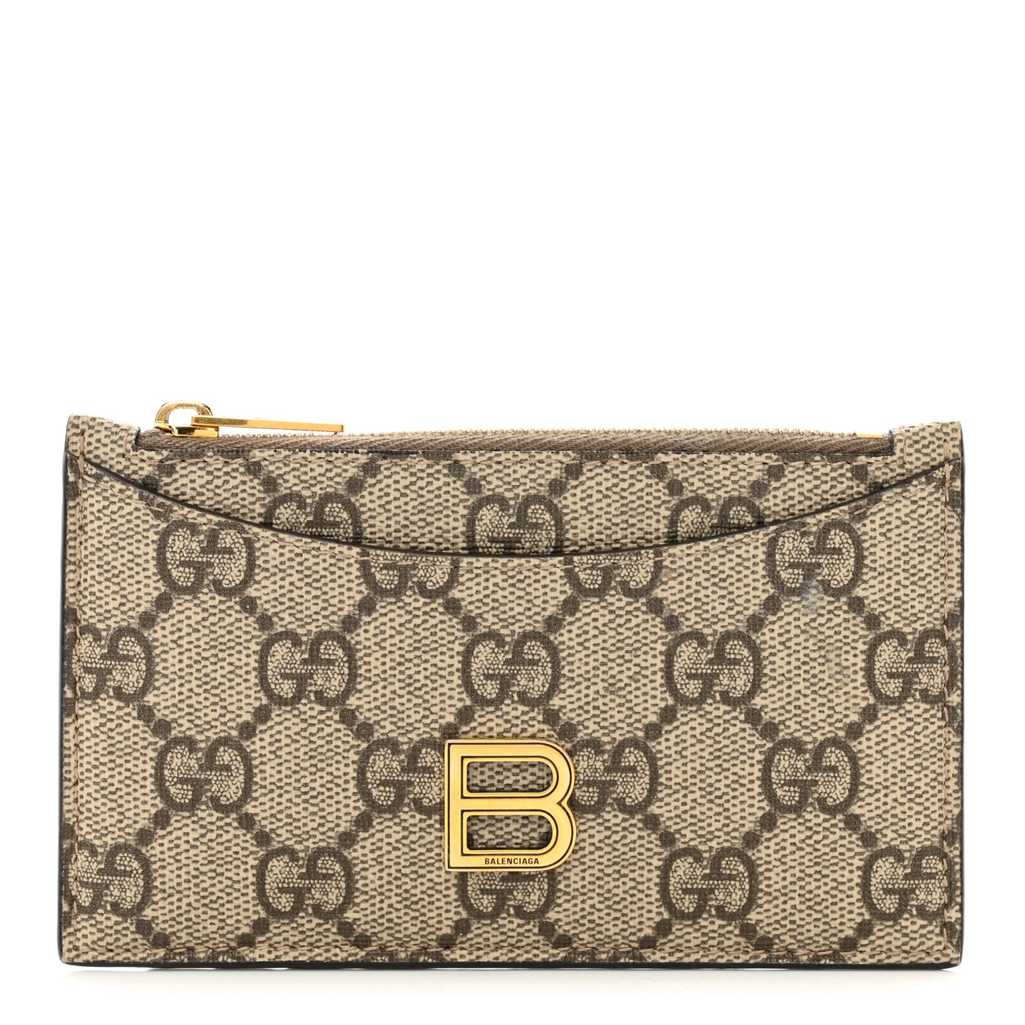 X BALENCIAGA GG Supreme Monogram Zip Card Case Beige Ebony