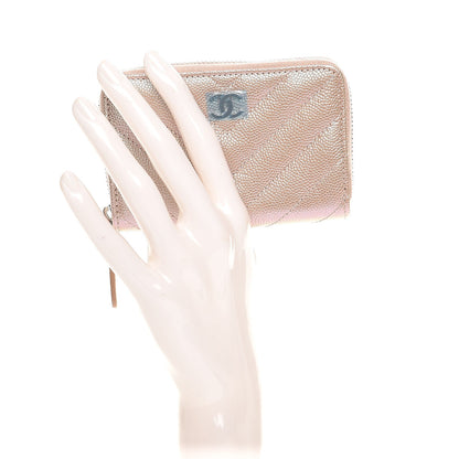 Chanel Metallic Caviar Chevron Quilted Zip Around Coin Purse Light Gold 2 of 7