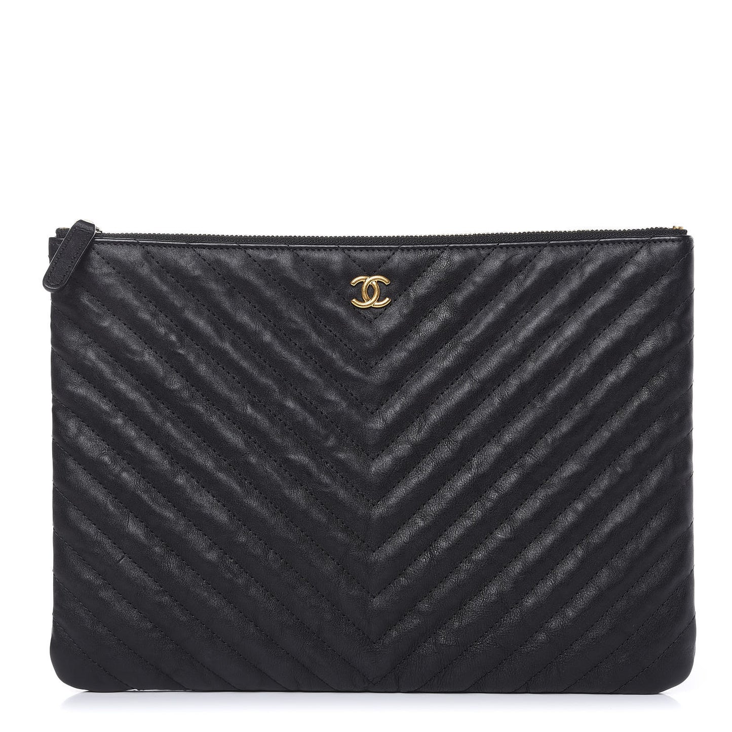 Crumpled Calfskin Chevron Quilted Medium Cosmetic Case Black