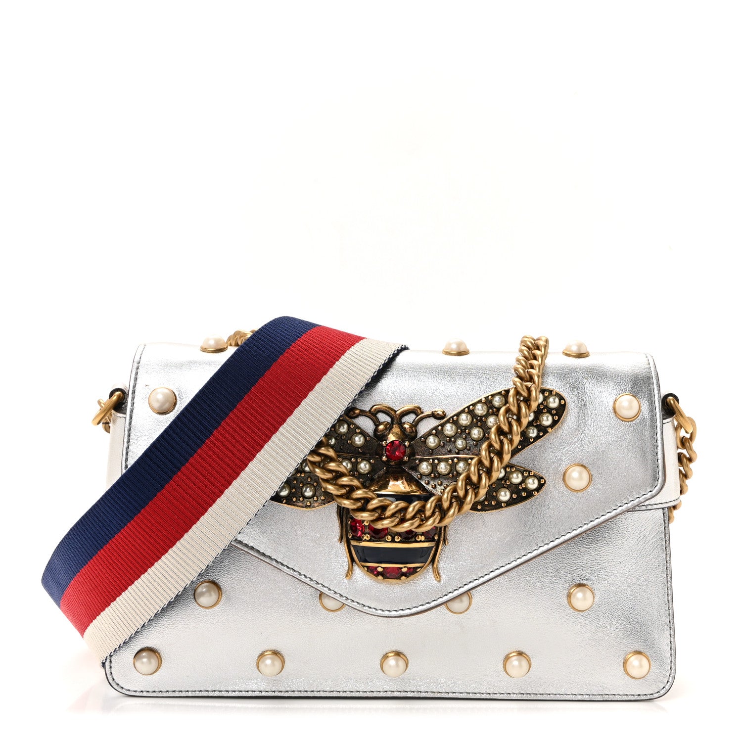 Gucci Metallic Nappa Pearl Studded Mini Queen Margaret Broadway Shoulder Bag Silver 1 of 10