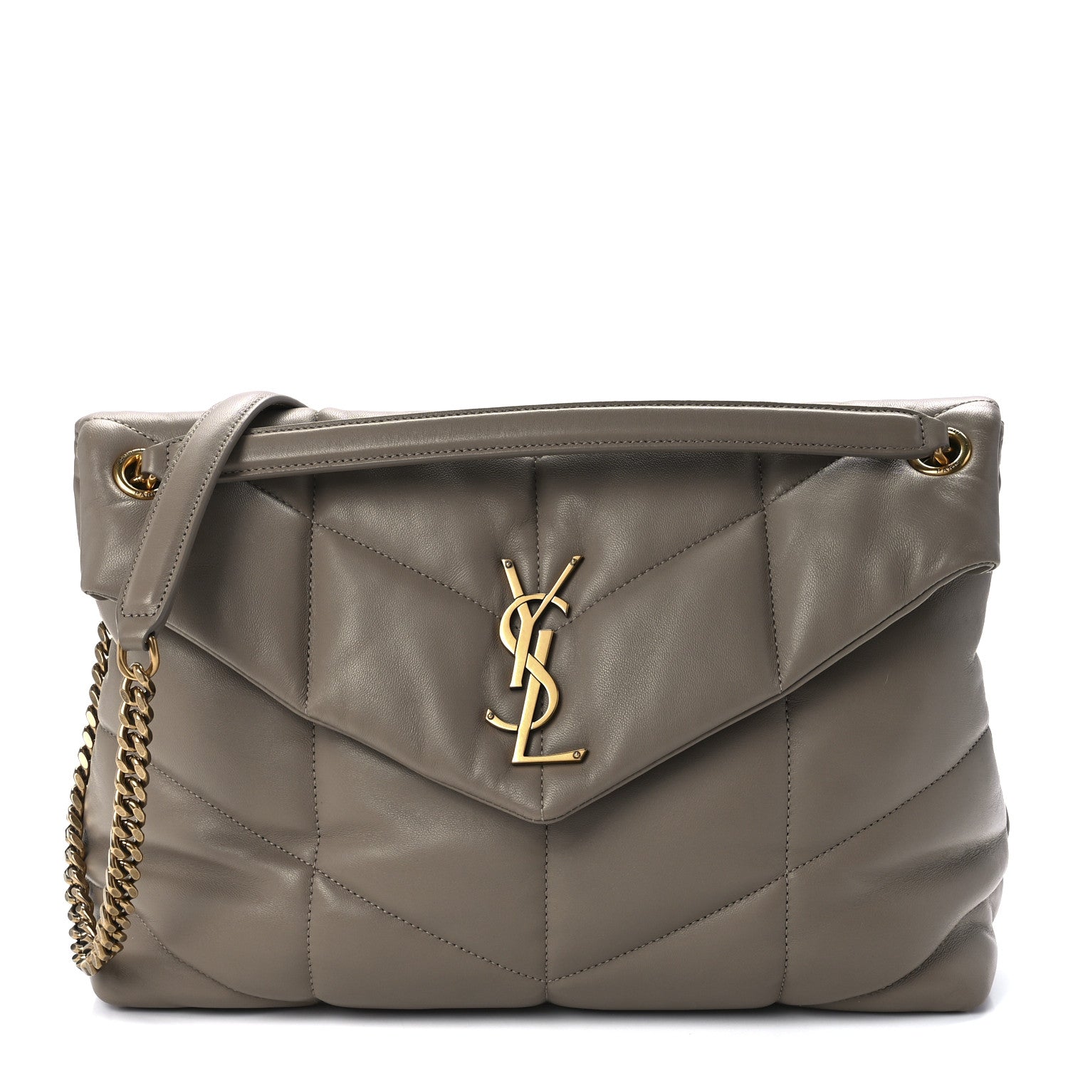 Saint Laurent Lambskin Quilted Medium Loulou Puffer Monogram Chain Satchel Dark Beige 1 of 12