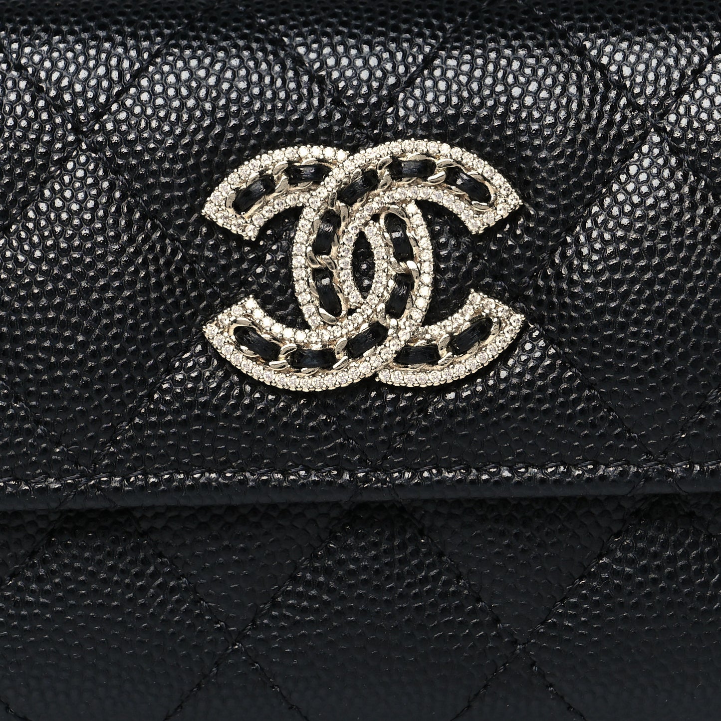 Caviar Quilted Crystal CC Flap Card Holder Black