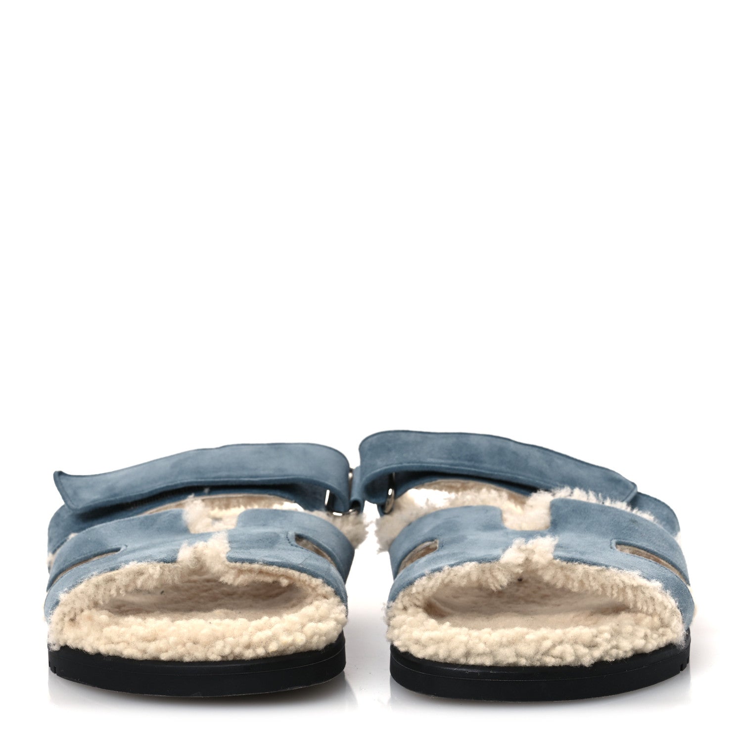 Hermes Suede Goatskin Woolskin Womens Chypre Sandals 38 Bleu Pinede Ecru 3 of 11