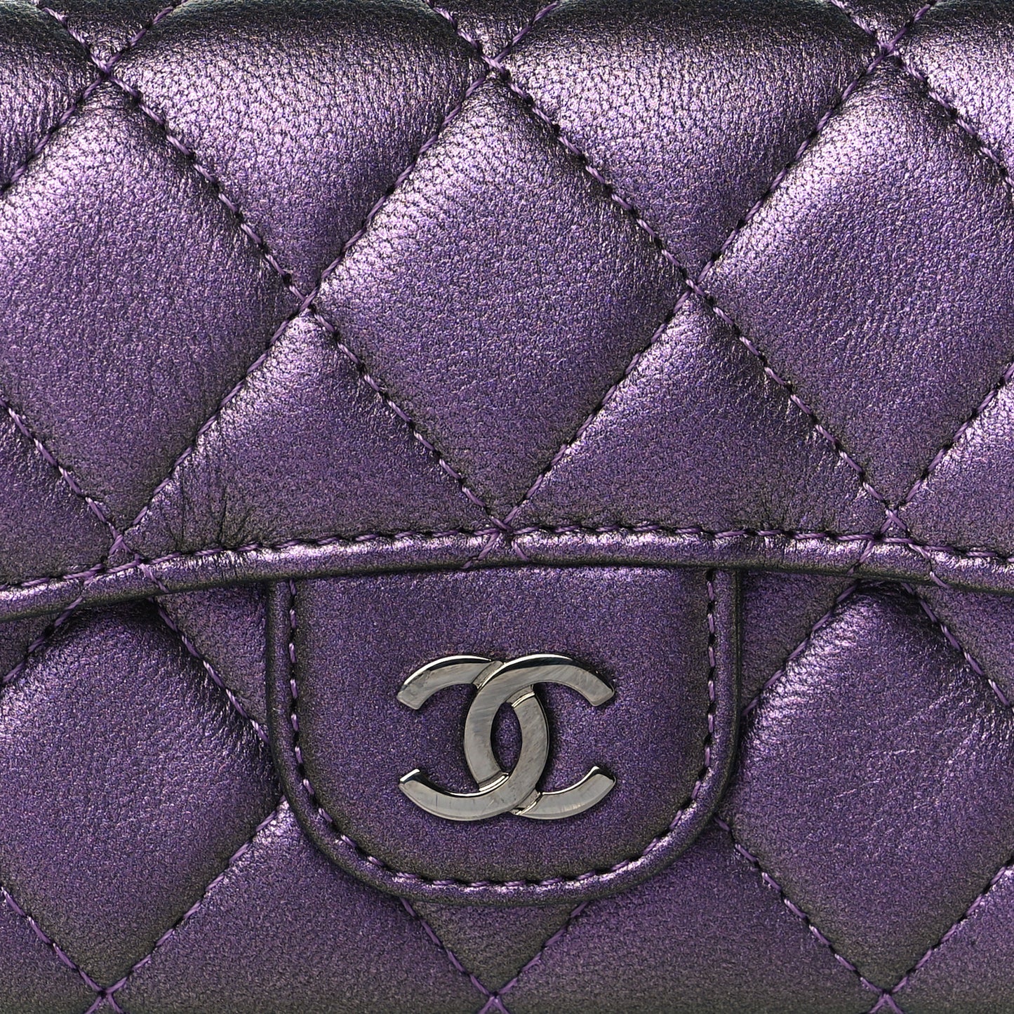 Iridescent Lambskin Quilted Flap Card Holder Purple