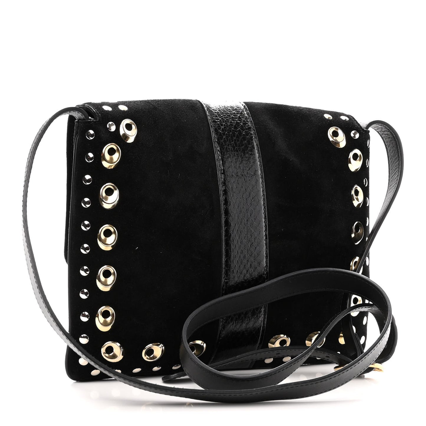 Suede Snakeskin Studded Medium Arli Flap Shoulder Bag Black