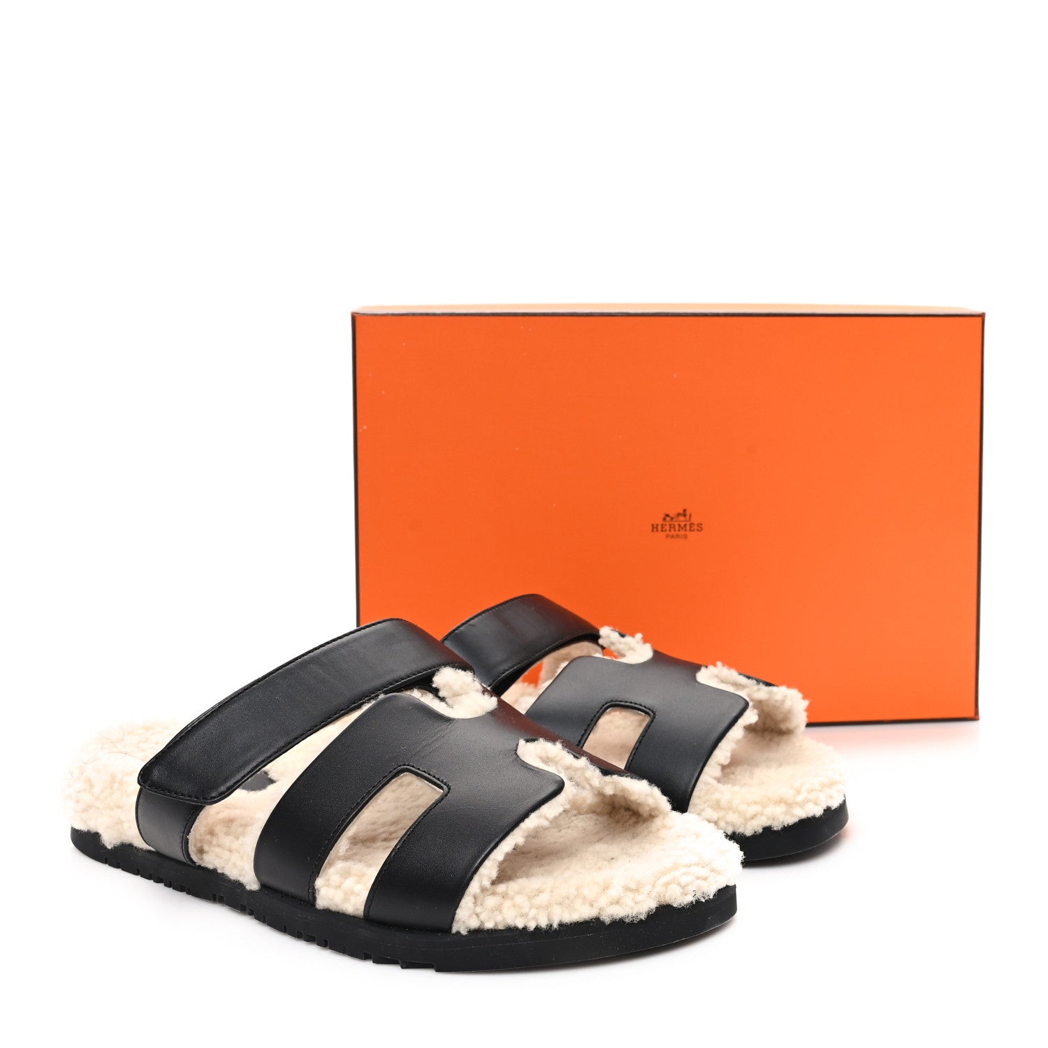 Hermes Calfskin Woolskin Chypre Sandals 40.5 Black Ecru 9 of 9