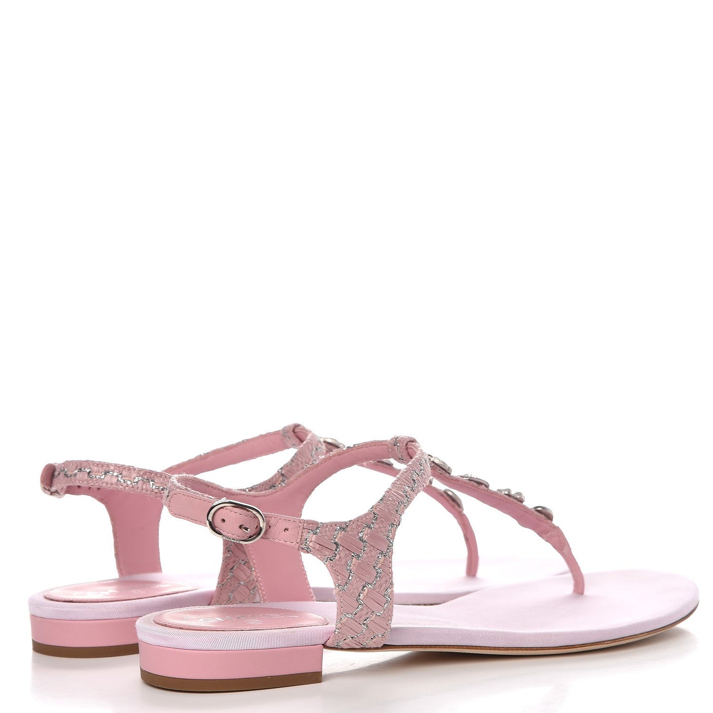 Tweed CC Charm Thong Sandals 41 Pink Silver