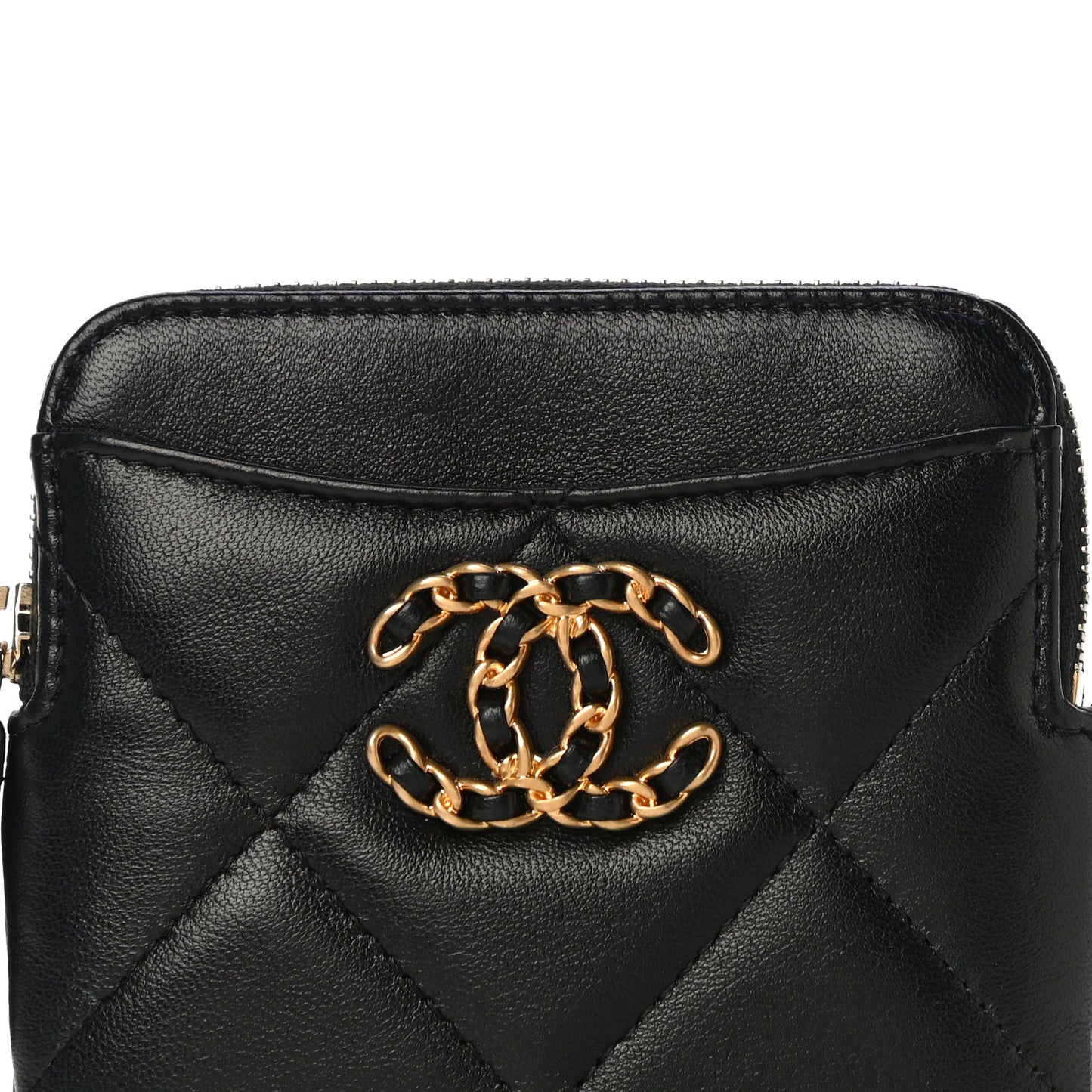 Lambskin Quilted Chanel 19 Zip Card Holder Wallet Black