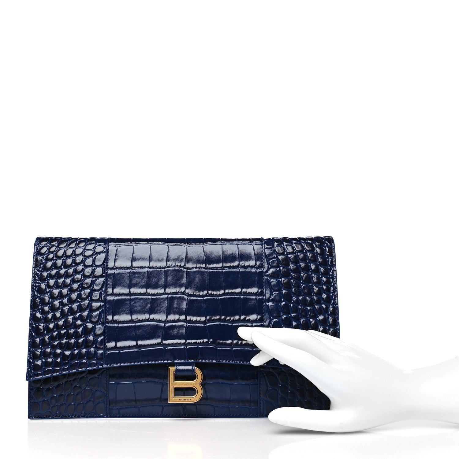 Balenciaga Shiny Calfskin Crocodile Embossed Hourglass Flap Flat Pouch Navy Blue 2 of 7