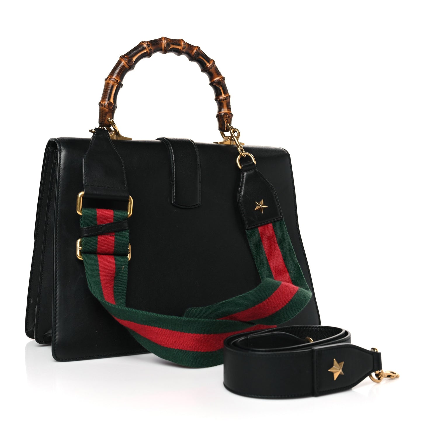 Calfskin Bamboo Web Large Dionysus Top Handle Bag Black Bright Evergreen Hibiscus Red