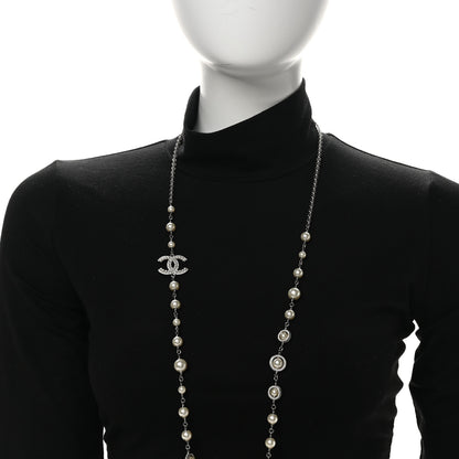 Chanel Graduated Pearl Crystal CC Long Necklace Silver 3 of 12
