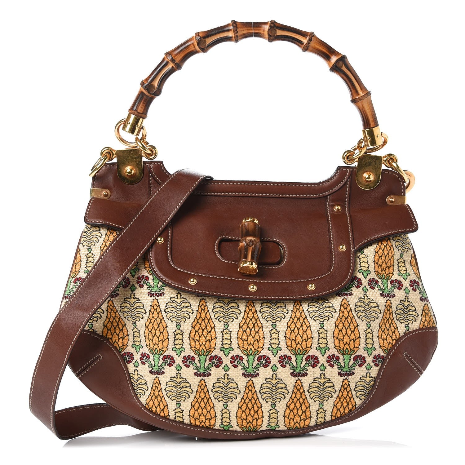 Gucci Canvas Pigna Print Peggy Bamboo Top Handle Bag Brown 1 of 17