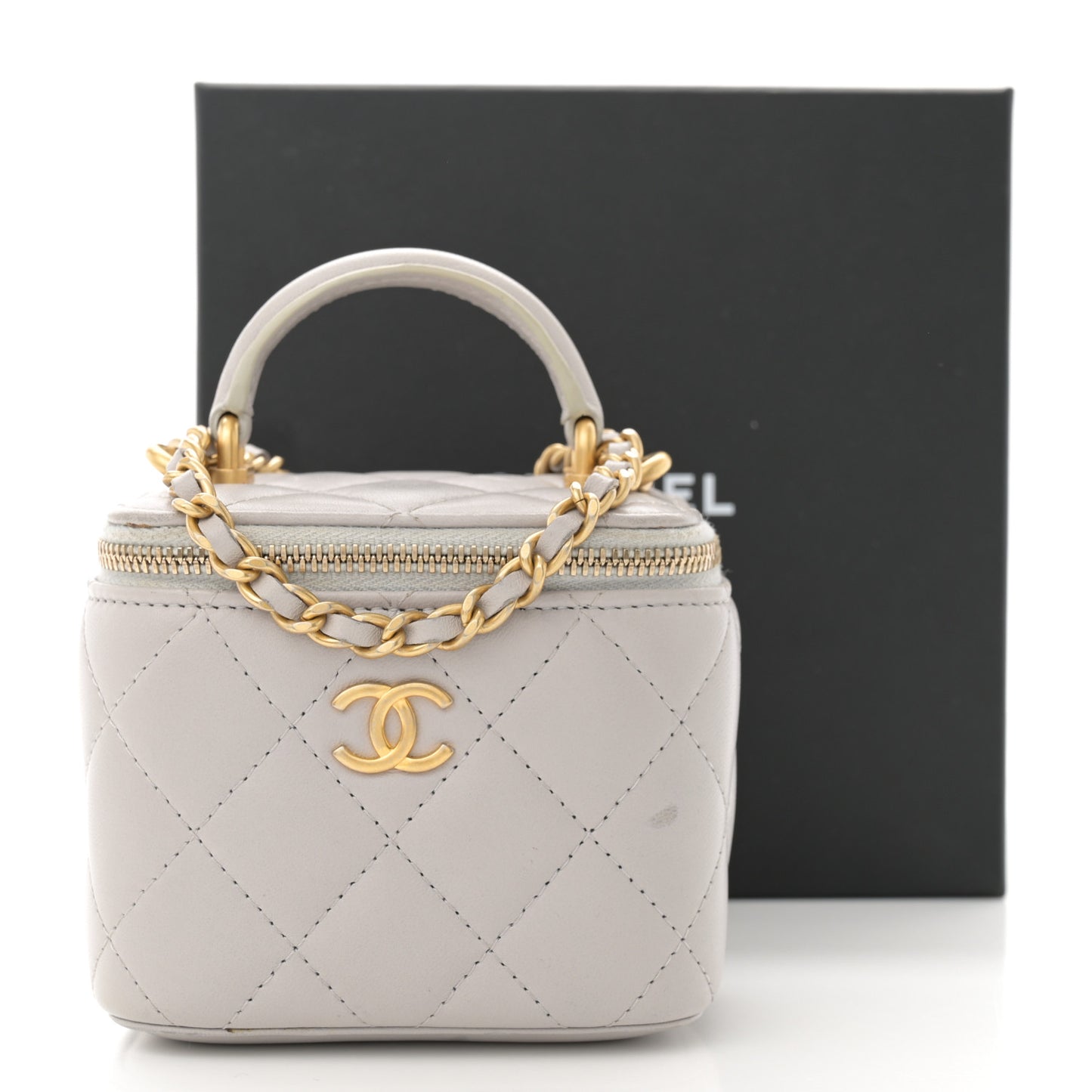 Lambskin Quilted Top Handle Mini Vanity Case With Chain Grey