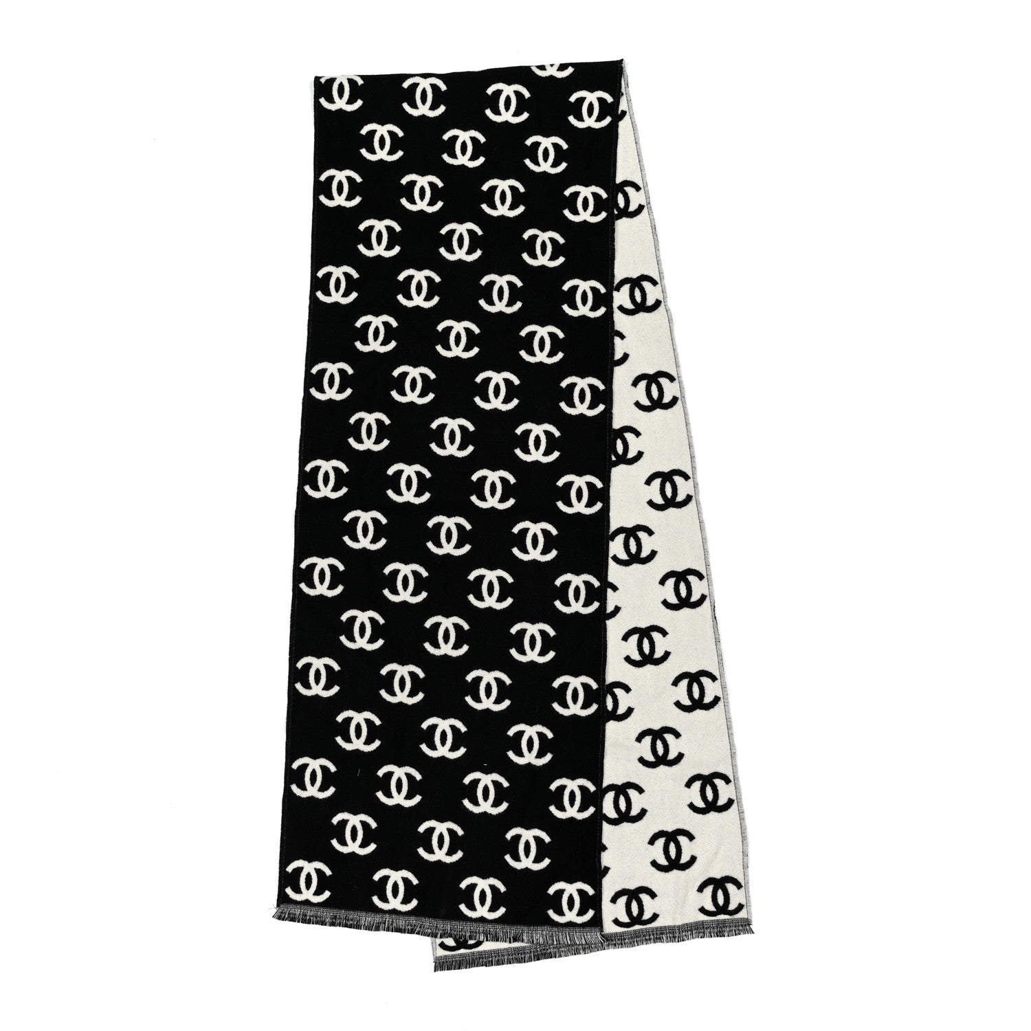 Chanel Wool Cashmere CC Scarf Black White 2 of 3