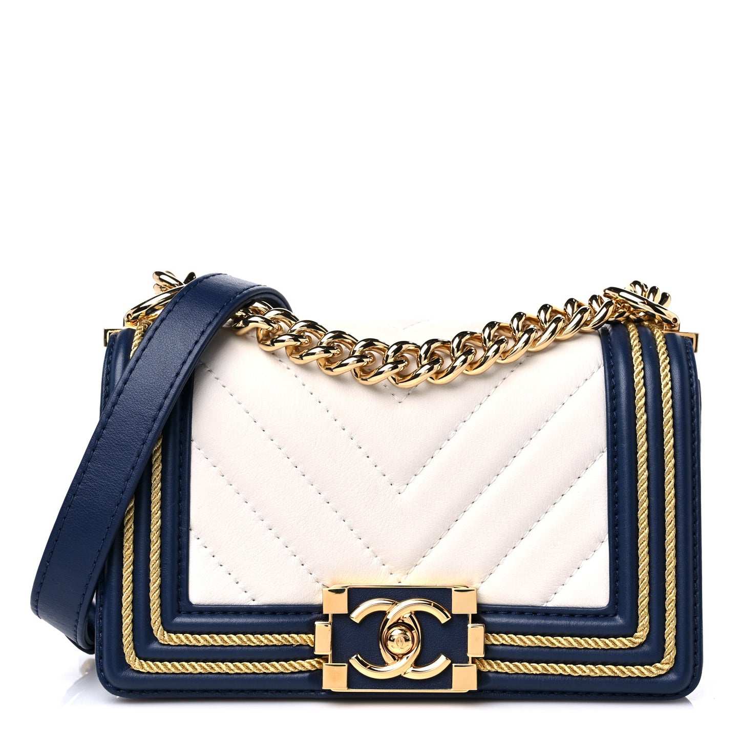 Calfskin Chevron Quilted Braided Small Boy Flap White Navy