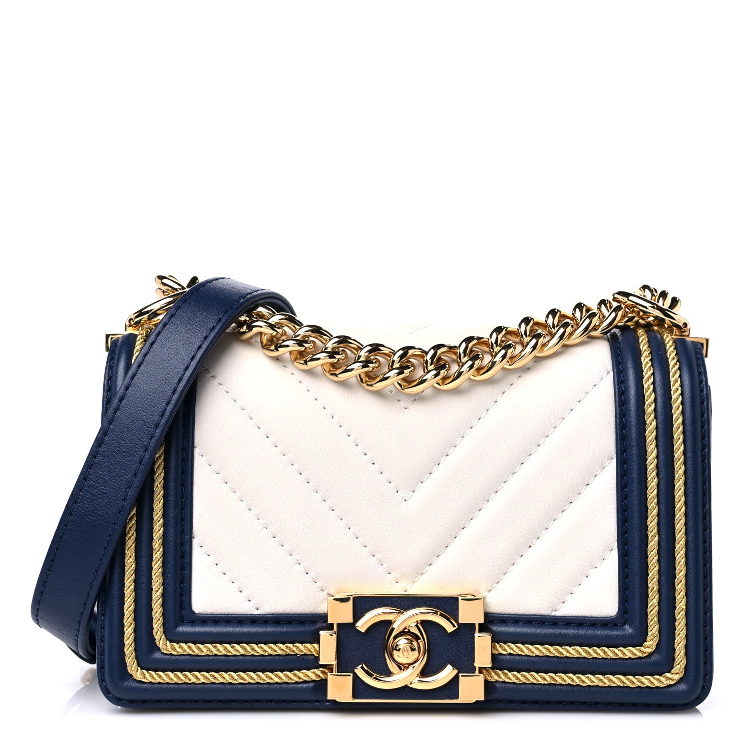 Chanel Calfskin Chevron Quilted Braided Small Boy Flap White Navy 1 of 11