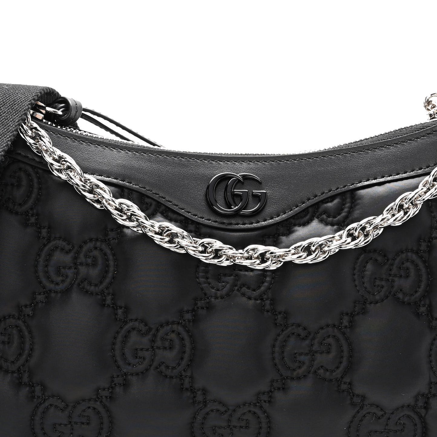 Nylon Calfskin Enamel GG Matelasse Chain Handbag Black