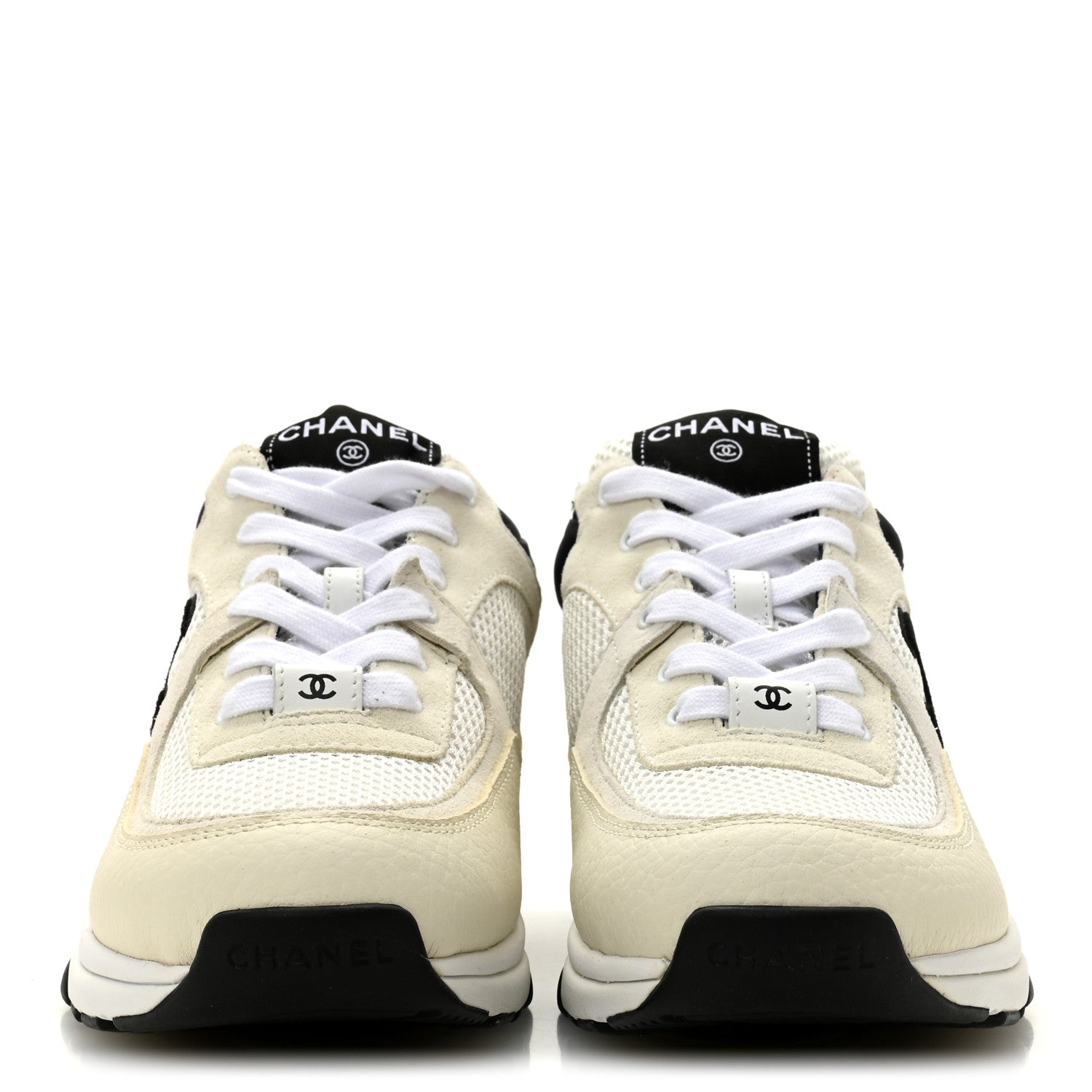 Chanel Mesh Suede Calfskin Grained Calfskin Womens CC Sneakers 38.5 White Black 2 of 10