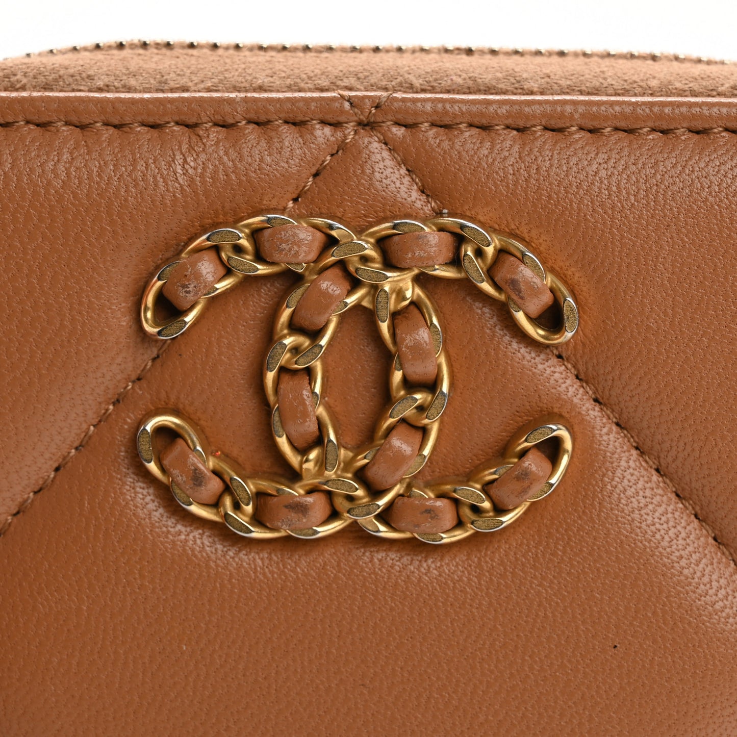 Lambskin Quilted Chanel 19 Zip Around Coin Purse Wallet Brown