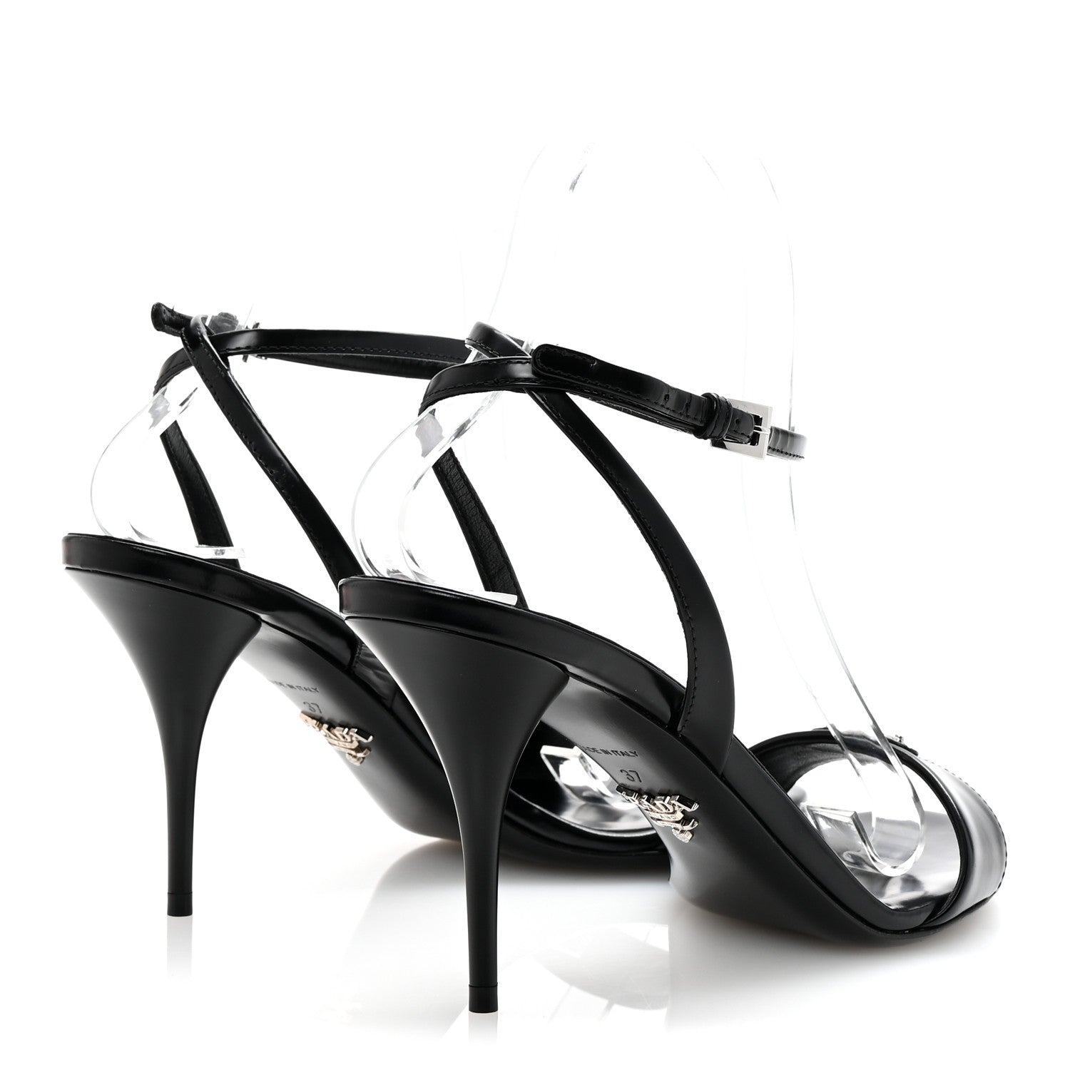 Prada Spazzolato Metal Triangle Logo Ankle Strap 100mm Sandals 37 Black 5 of 9