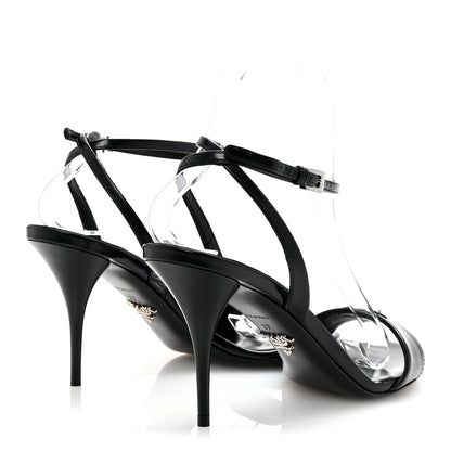 Prada Spazzolato Metal Triangle Logo Ankle Strap 100mm Sandals 37 Black 5 of 9