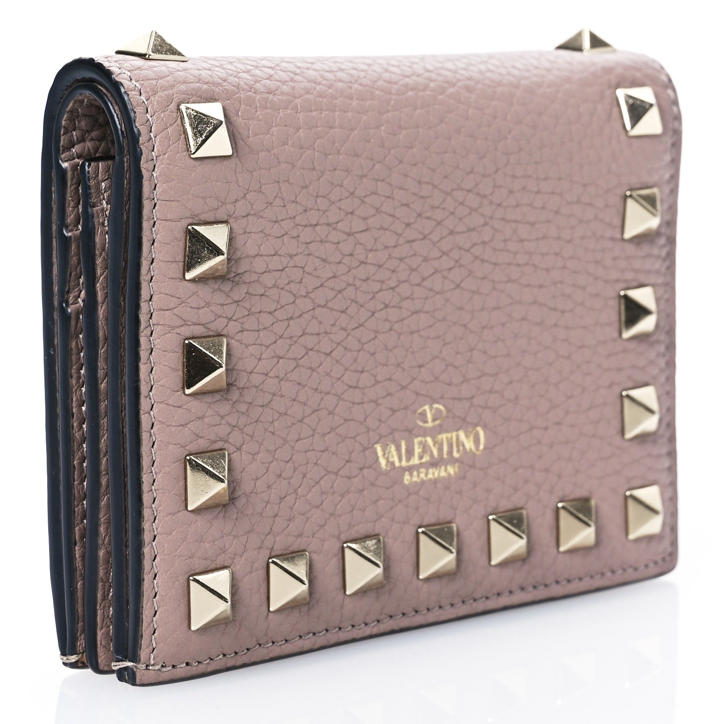Pebbled Calfskin Rockstud French Flap Wallet Poudre