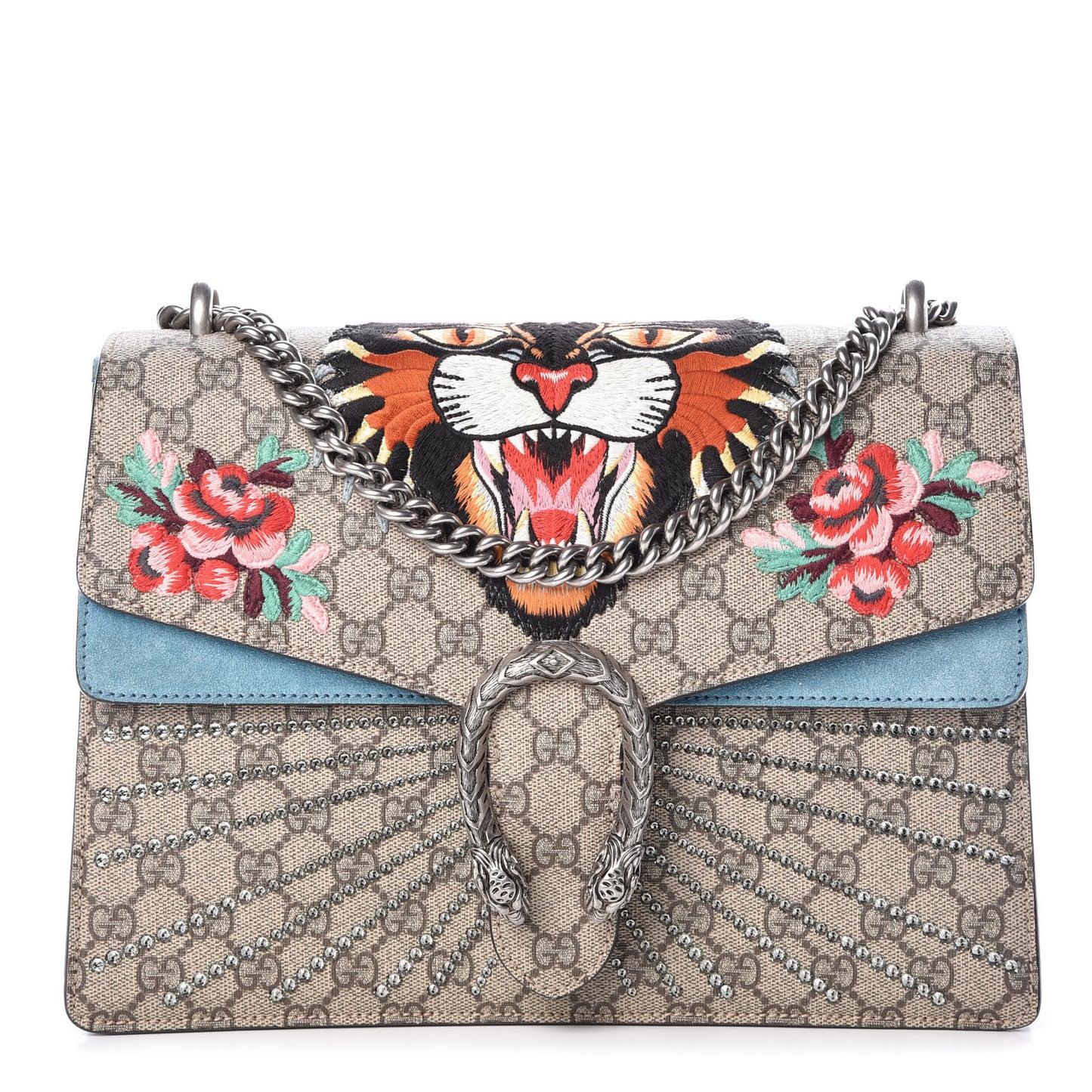 GG Supreme Monogram Angry Cat Embroidered Medium Dionysus Shoulder Bag Beige Ultramarine