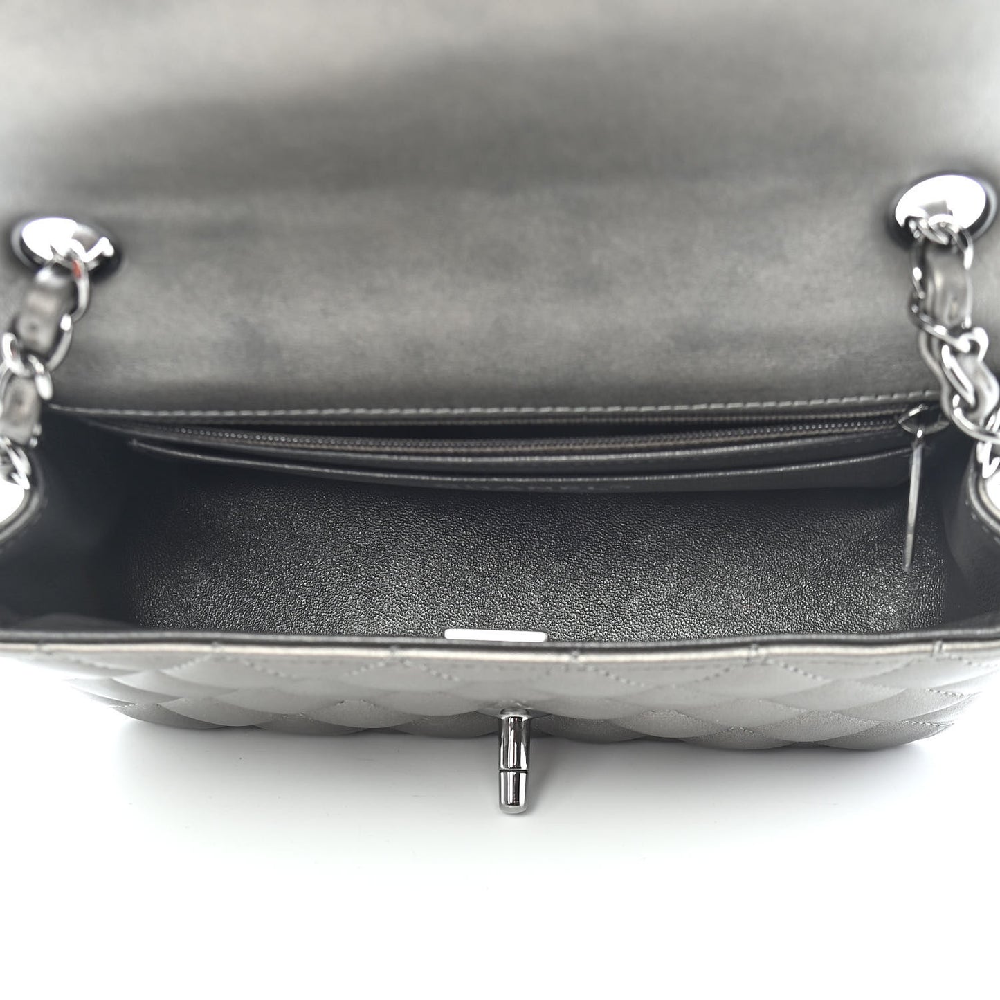 Metallic Lambskin Quilted Mini Rectangular Flap Dark Grey