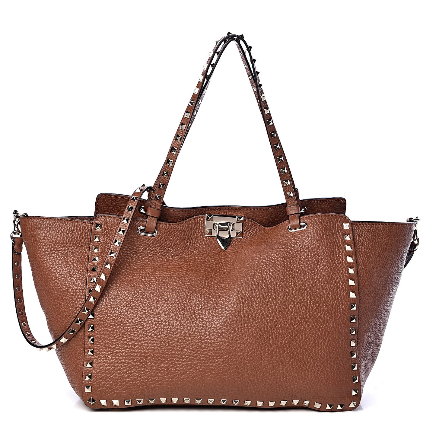 Pebbled Calfskin Medium Rockstud Tote Bright Cognac