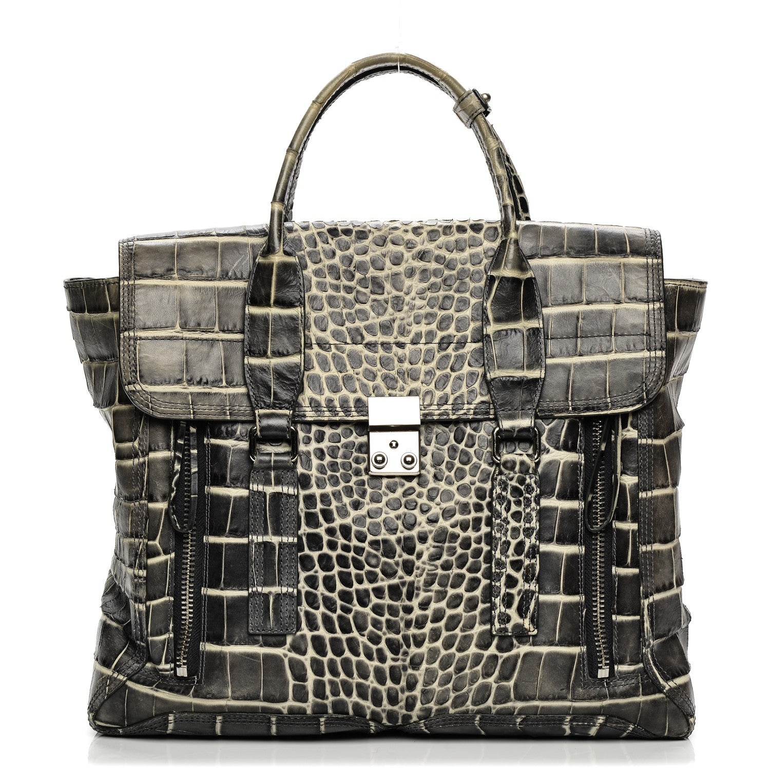 3.1 Phillip Lim 3.1 Calfskin Crocodile Embossed Large Pashli Satchel Antique Grey 1 of 7