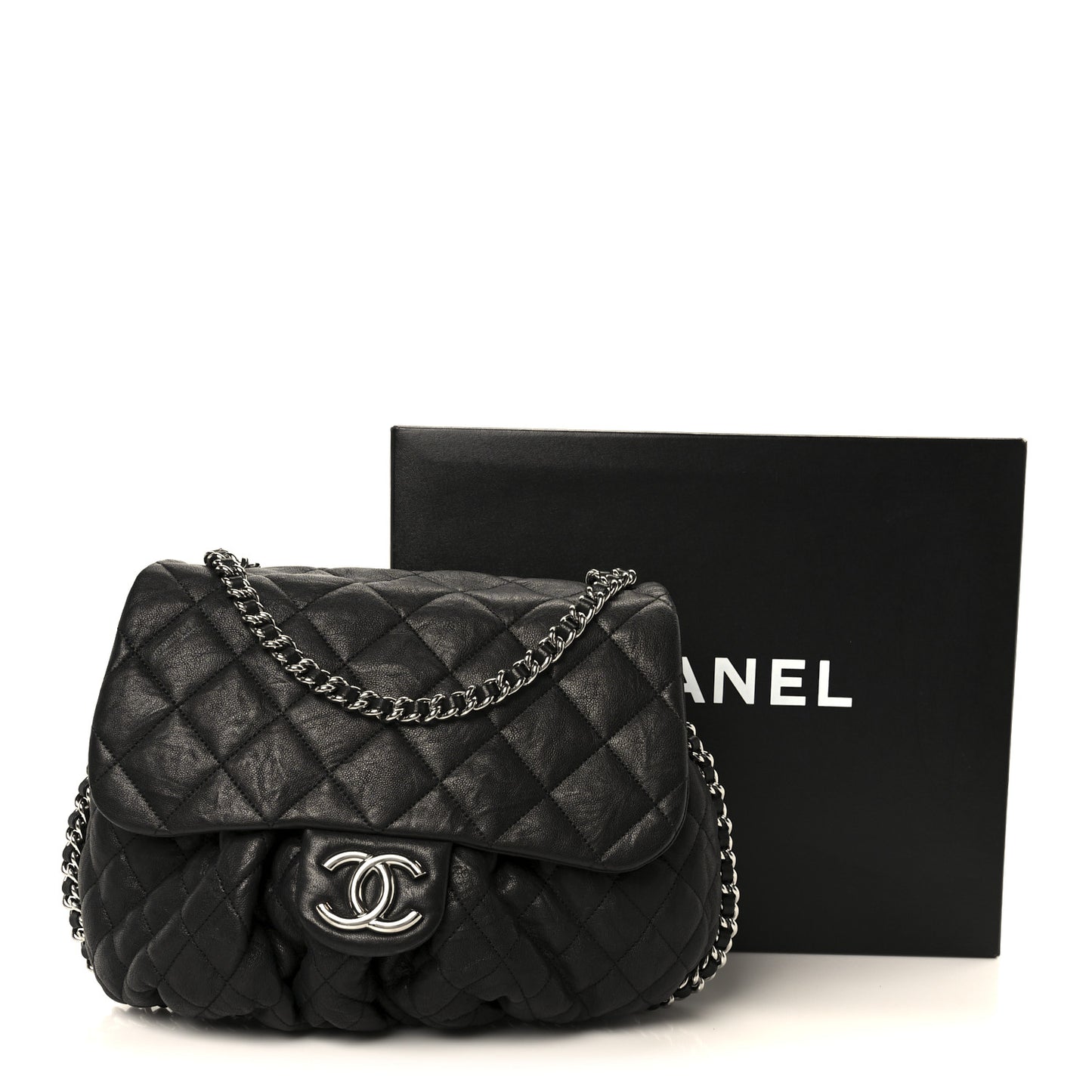 Washed Lambskin Quilted Large Chain Around Messenger Black