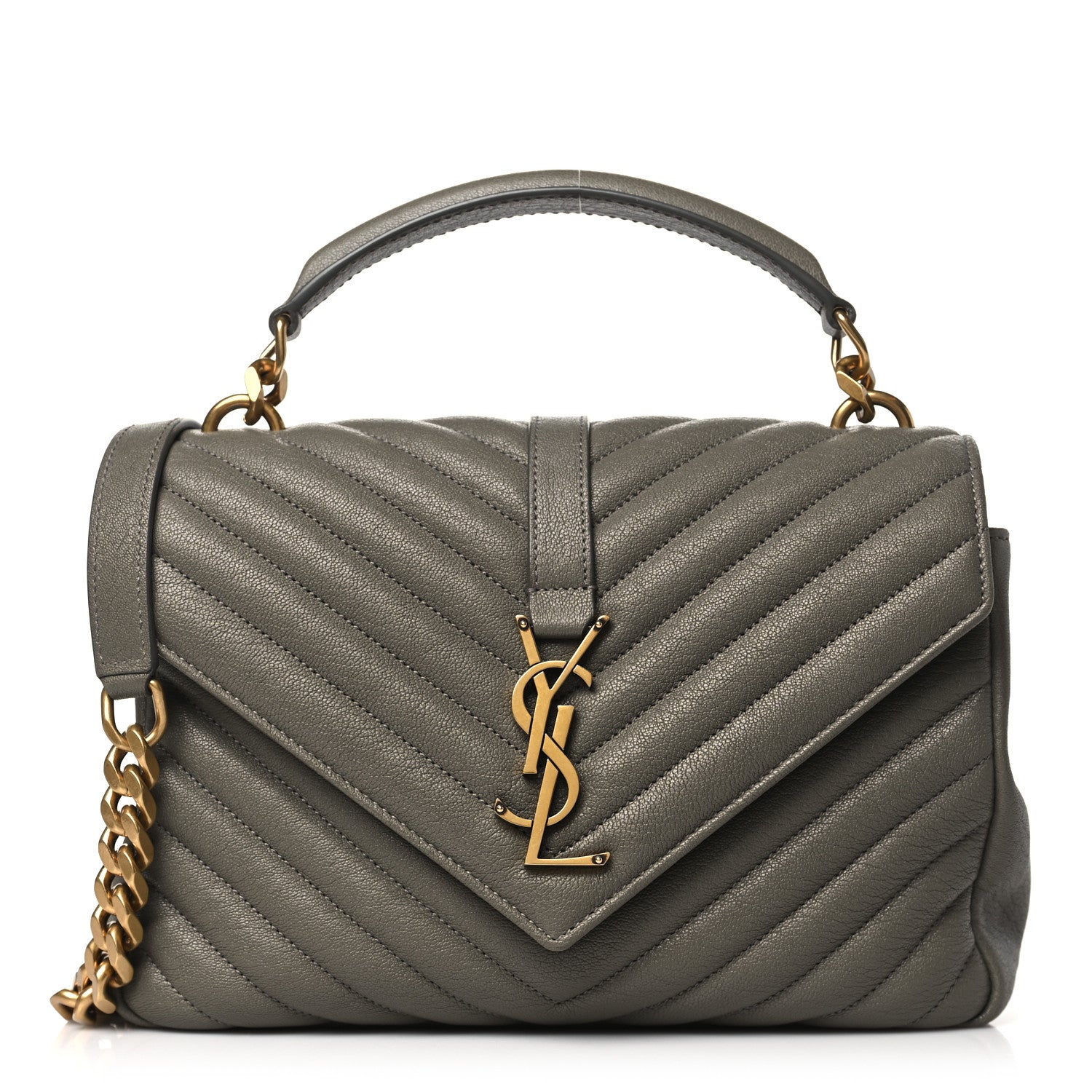 Saint Laurent Sheepskin Matelasse Chevron Monogram Medium College Bag Grey Kaki 1 of 10