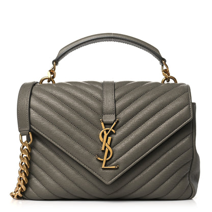 Saint Laurent Sheepskin Matelasse Chevron Monogram Medium College Bag Grey Kaki 1 of 10