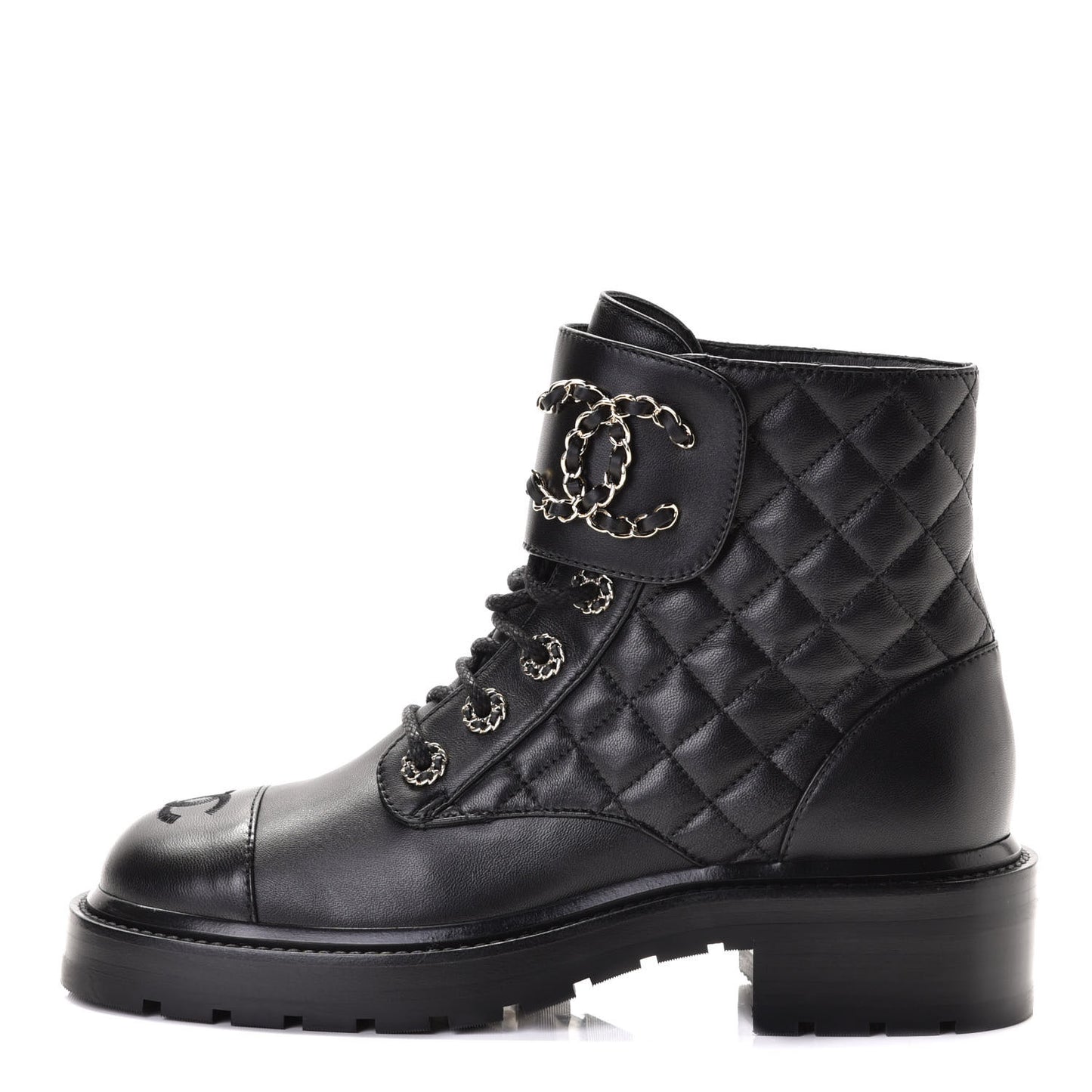 Shiny Lambskin Quilted Lace Up Combat Boots 37 Black