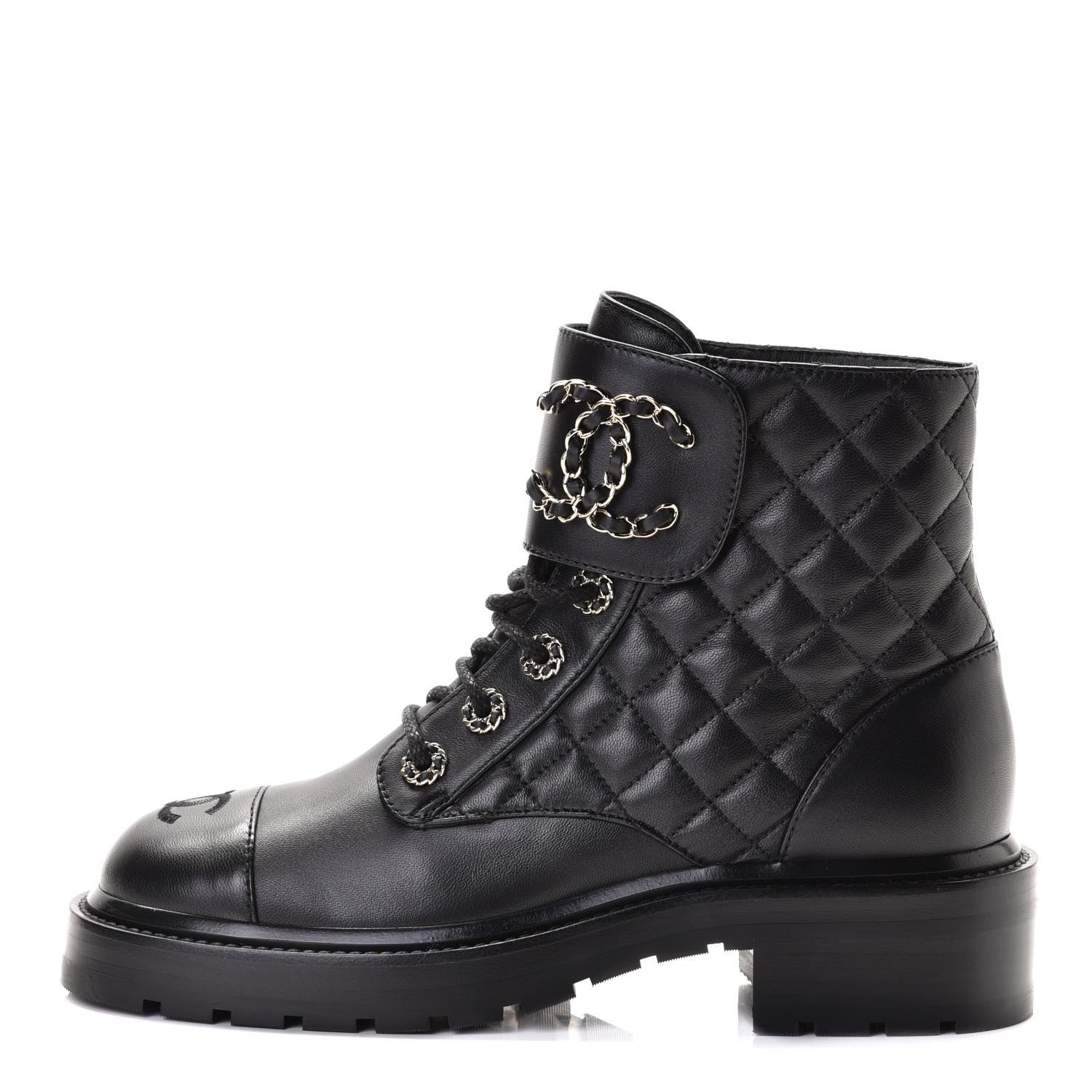 Chanel Shiny Lambskin Quilted Lace Up Combat Boots 37 Black 1 of 7