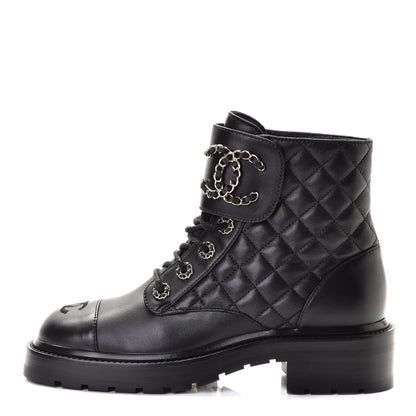 Chanel Shiny Lambskin Quilted Lace Up Combat Boots 37 Black 1 of 7