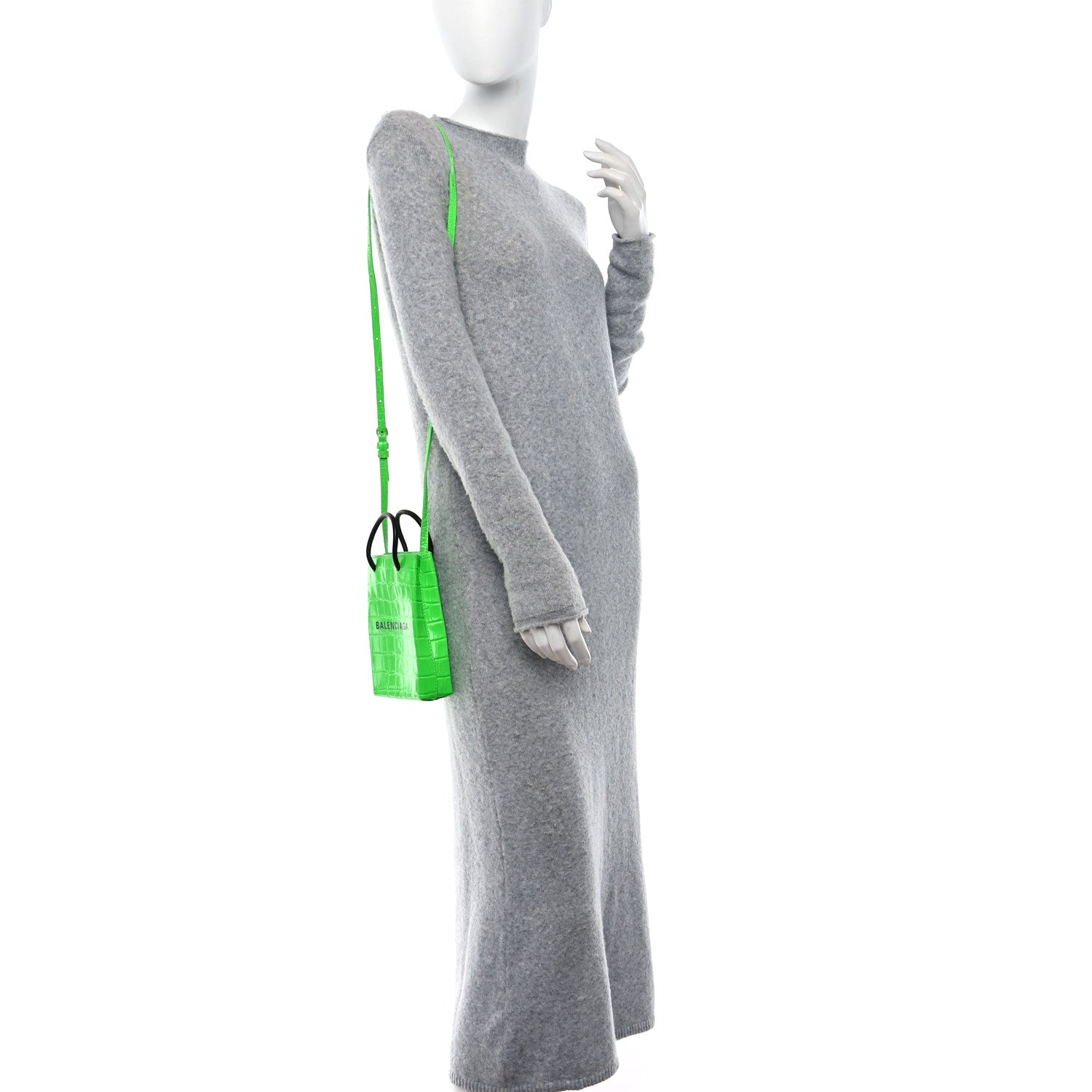 Balenciaga Shiny Calfskin Crocodile Embossed Logo Shopping Phone Holder Bag Fluo Green Black 2 of 8