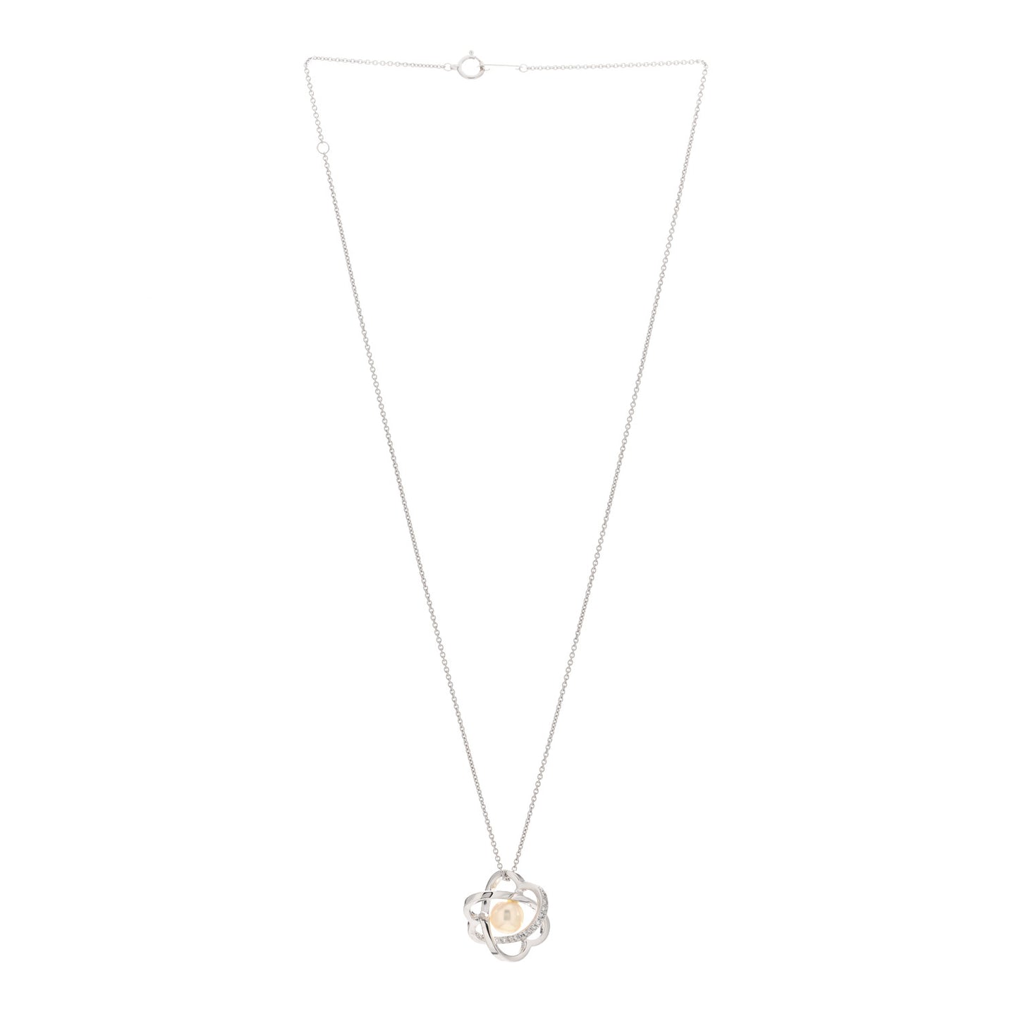 18K White Gold Diamond Akoya Pearl 7mm Flower Pendant Necklace