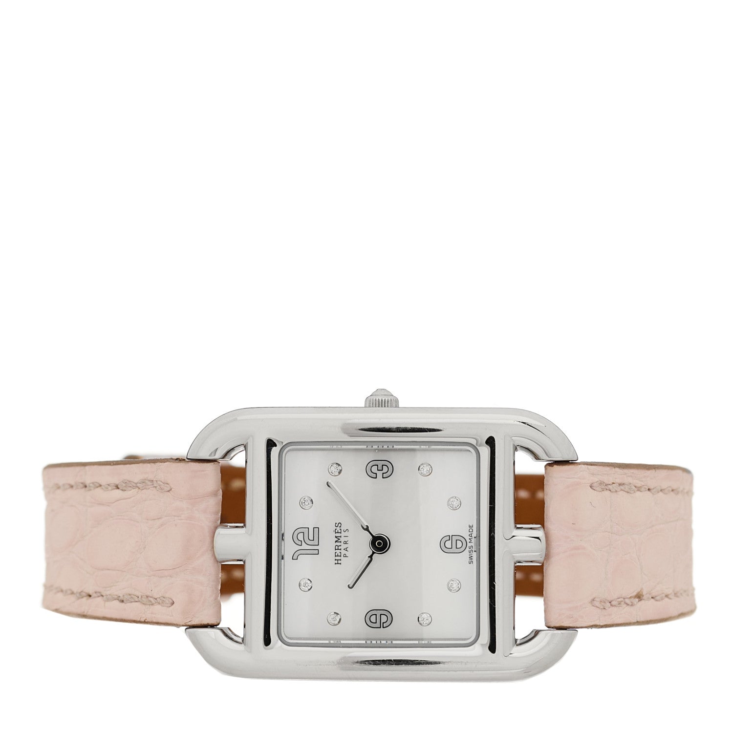Hermes Stainless Steel Alligator Diamond Mother of Pearl 23mm Cape Cod Quartz Watch Pink 2 of 5