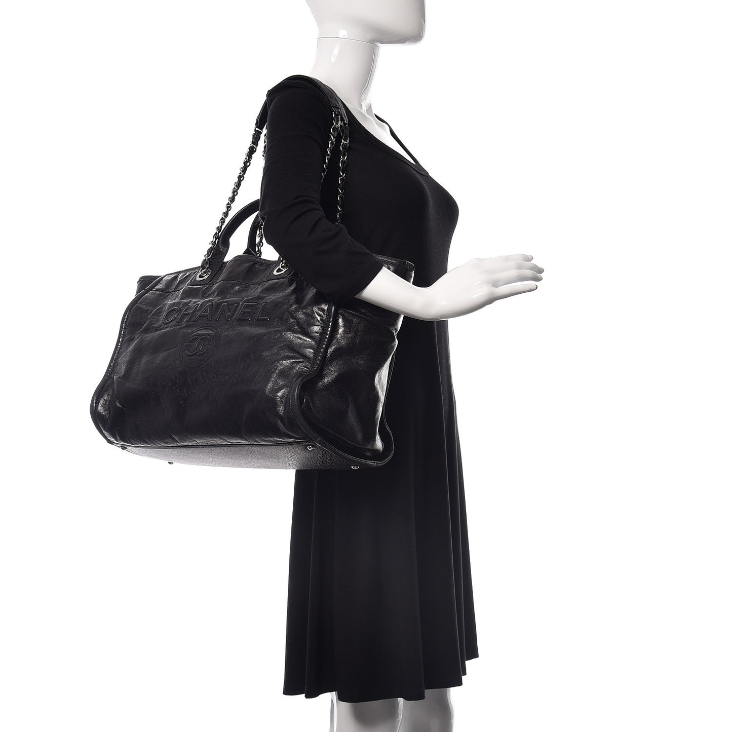Glazed Calfskin Large Deauville Tote Black