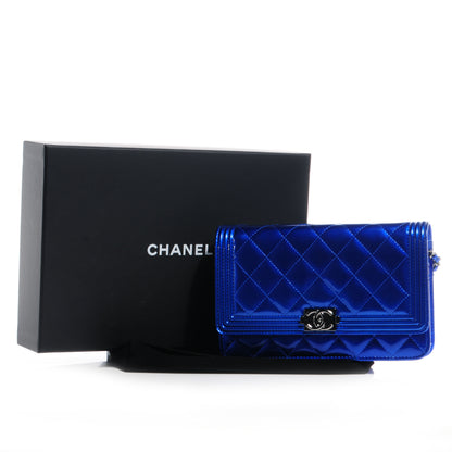 Chanel Metallic Patent Quilted Boy Wallet On Chain WOC Blue 9 of 9